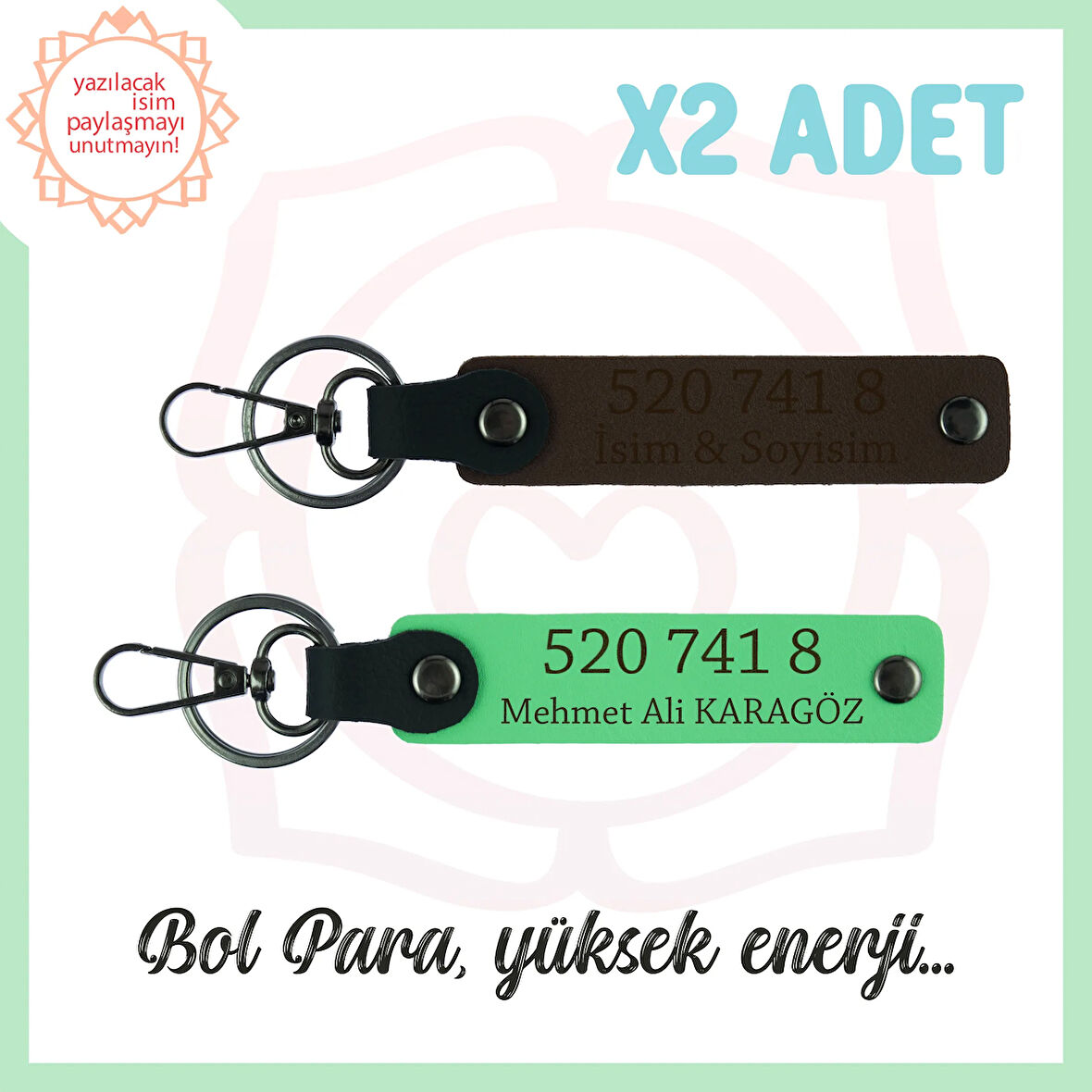 Koyu Kahve-F Yeşil, Adınıza Özel Yüksek Enerji Sağlayan, Hediyelik 520 741 8 Yazılı 2'li Anahtarlık