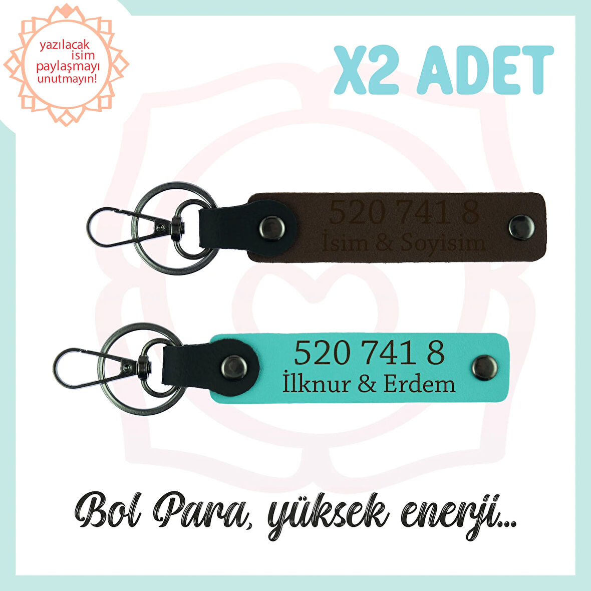 Koyu Kahve-Turkuaz, İsminize Özel Tasarım Manevi Güç, Özel Hediye 520 741 8 Başarı 2'li Anahtarlık