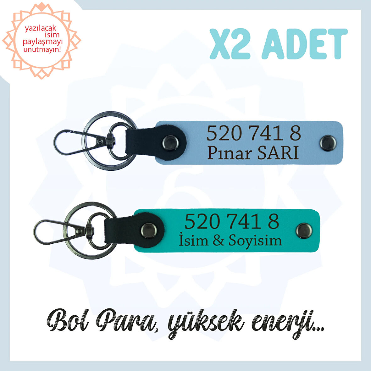 Koyu Turkuaz-Gök Mavi, Size Özel Tasarım İsim Yazılı 520 741 8 Sayısıyla Denge ve Huzur Anahtarlığı