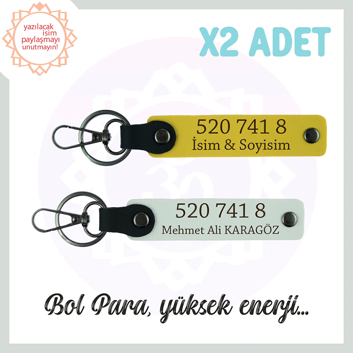 Sarı-Beyaz, İsme Özel, Manevi Güç Veren Hediye İçin, 520 741 8 Kod, Huzur ve Başarı 2'li Anahtarlık