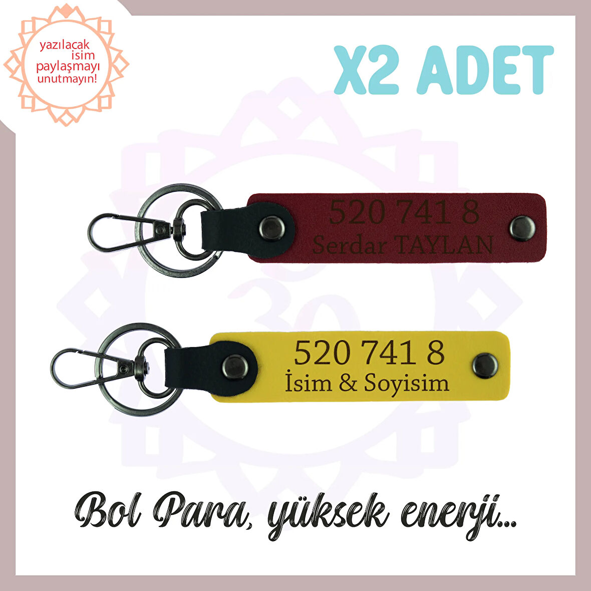 Sarı-Bordo, Ad Yazılı Bolluk Akışı Getiren Hediyelik 520 741 8 Enerji Dolu Başlangıç 2'li Anahtarlık