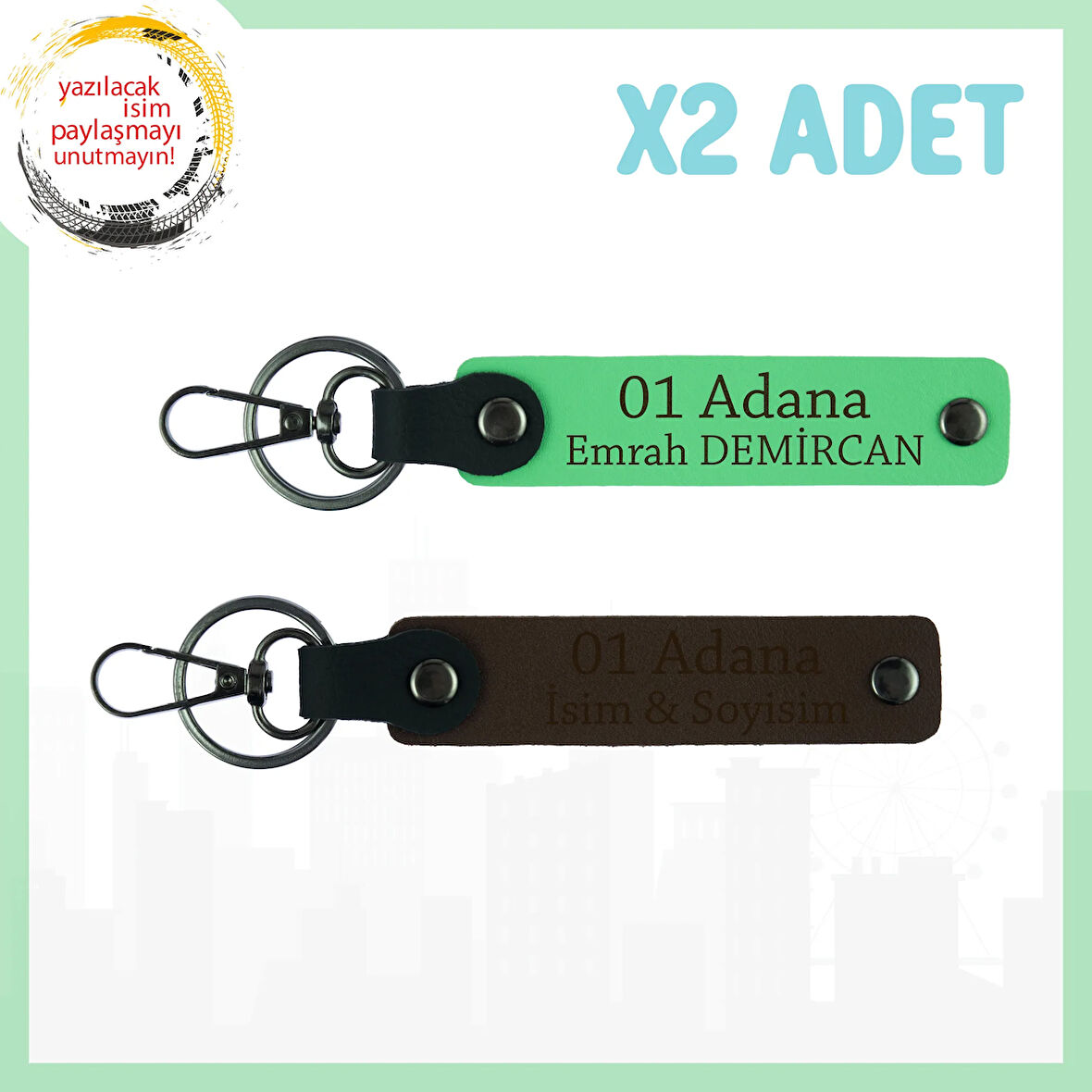 Koyu Kahve-F Yeşil, Size Özel 01 Adana Yazılı, Şık ve Özgün Bir Şehir Hatırası 2'li Anahtarlık Seti