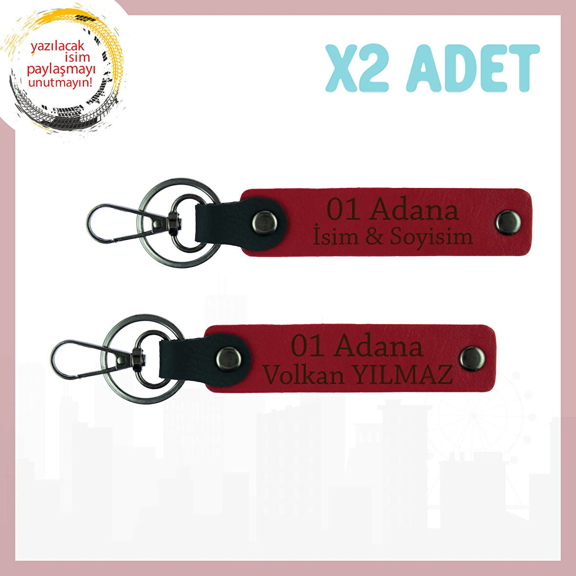 Kırmızı, İsim Yazılabilen 2'li Anahtarlık Set, Sevdiklerinize Hediyelik, 01 Adana Yazılı Şehire Özel
