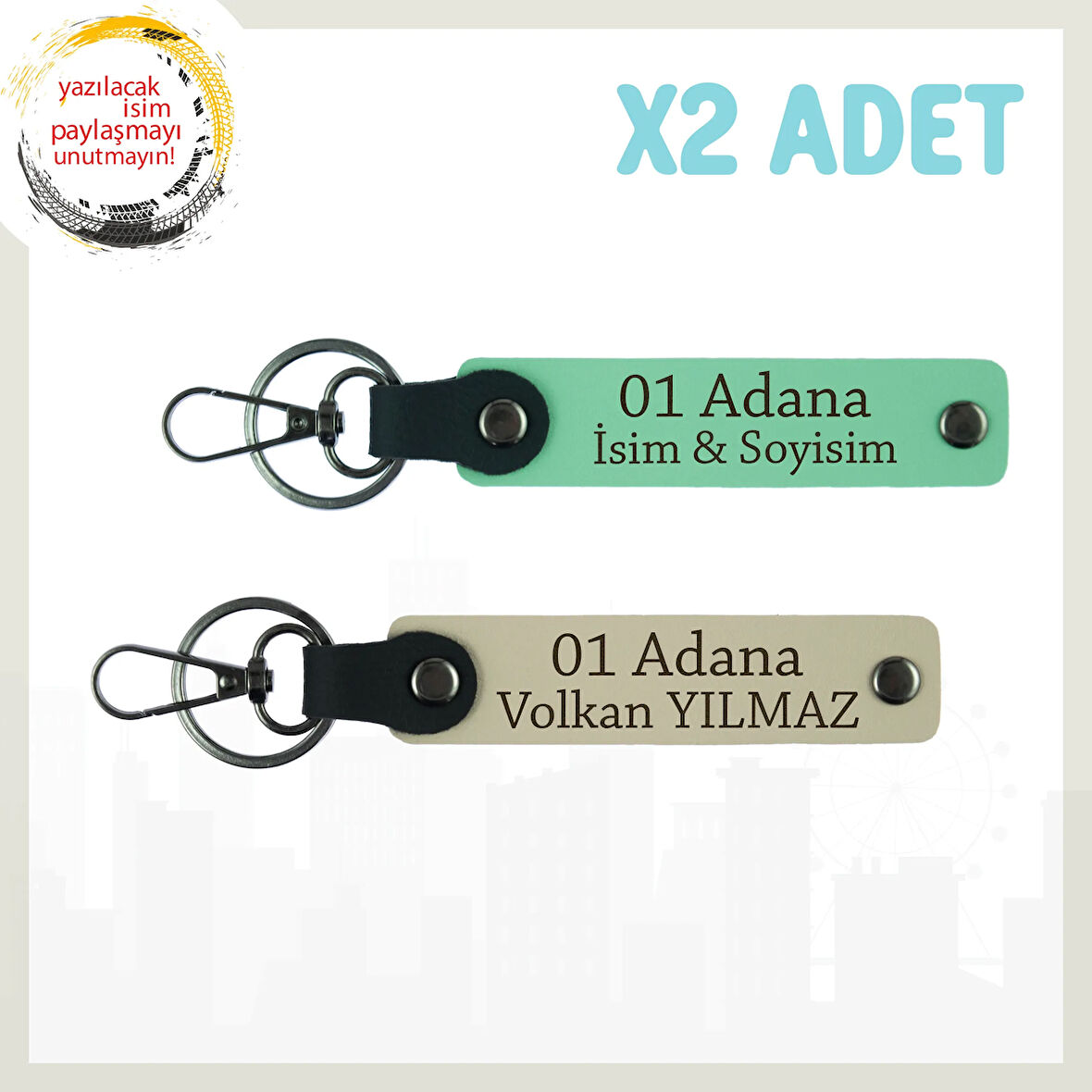 Yeşil-Sütlü Kahve Kişiselleştirilebilir Adana Hatırası Özgün Hediye Seçeneği Şık 2'li Anahtarlık Set