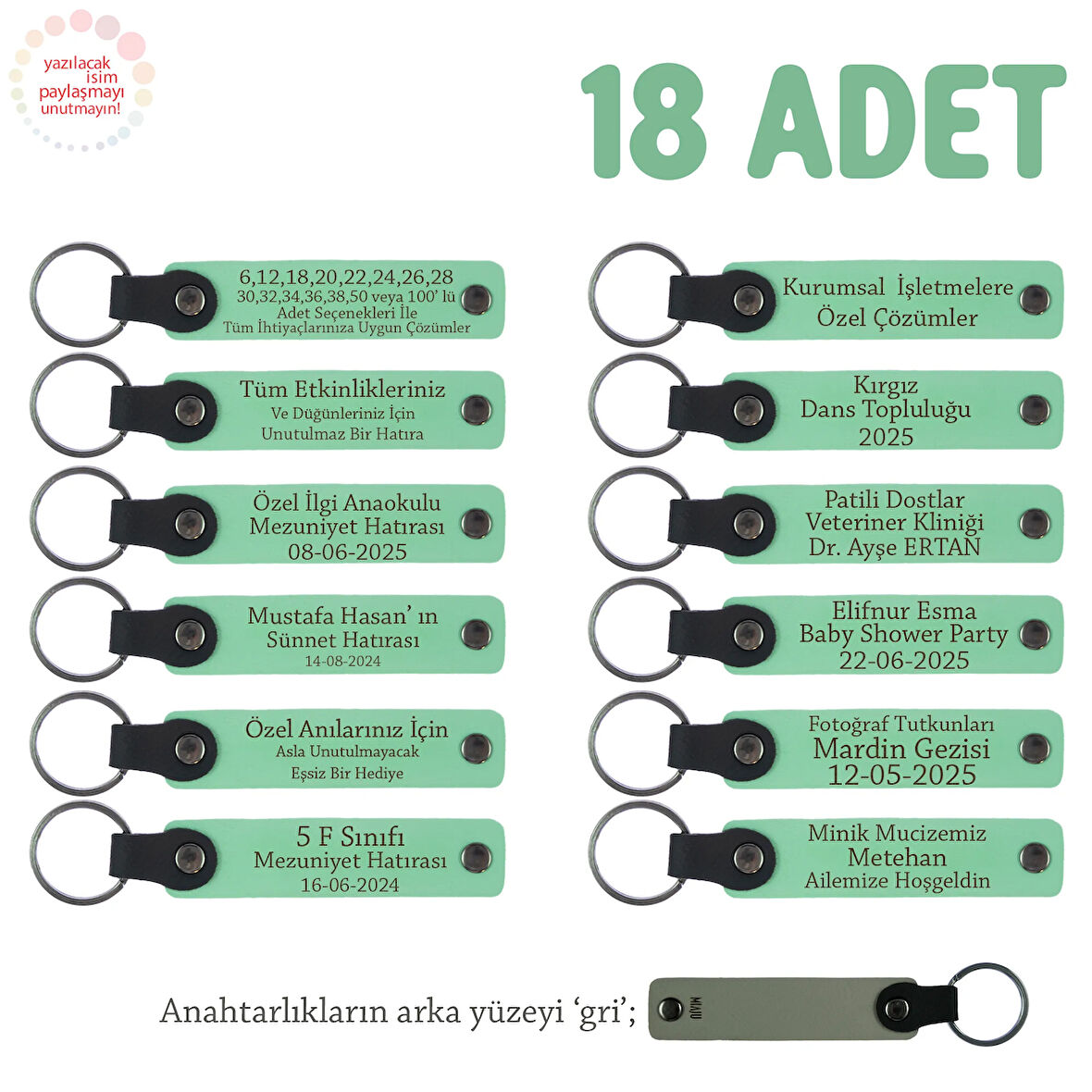 Açık Yeşil, Anaokulu İçin İsim Yazılı Karne Hatırası Anahtarlık 18’li Set, Öğrencilere Özel Anı