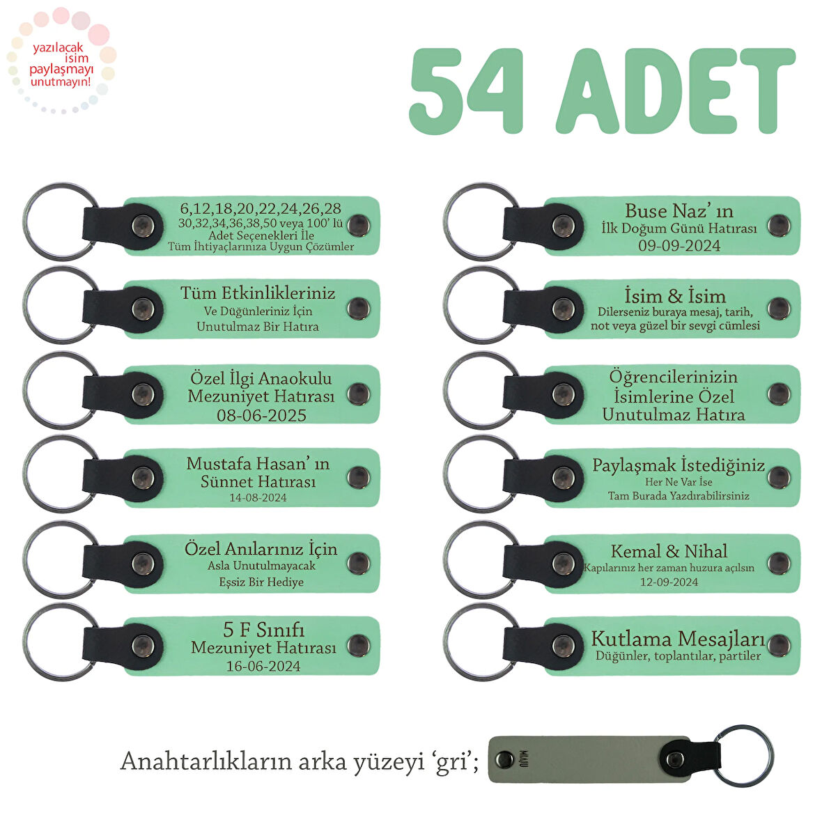 Açık Yeşil, Anneler Günü İçin Kişiselleştirilmiş Anı Anahtarlık 54’lü Set, Özel Etkinlikler İçin