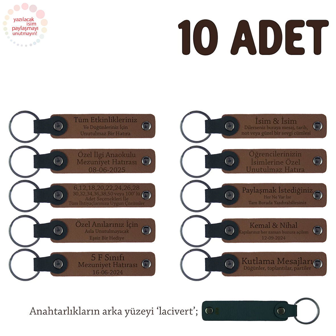 Açık Kahve & Lacivert, Anneler Günü İçin İsim Yazılı Hatıra Anahtarlık 10’lu Set