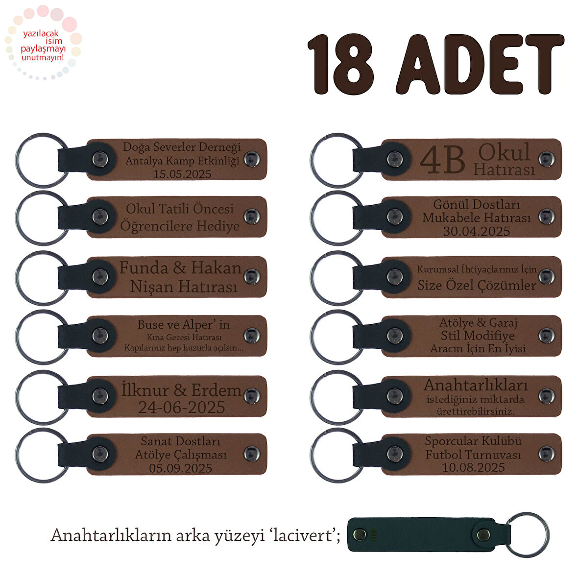 Açık Kahve & Lacivert, Müstakbel Damada Özel Kutlamalar İçin İsim Yazılan 18' li Hatıra Anahtarlık