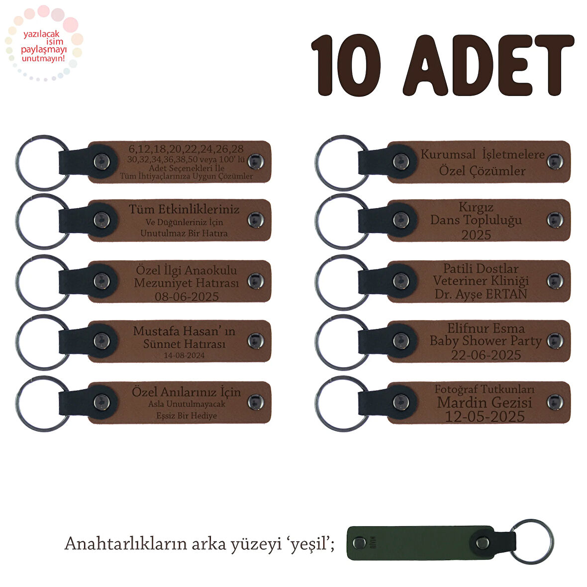 Kahverengi & Yeşil, Anaokulu Hatırası İçin Kişiselleştirilmiş Anahtarlık 10’lu Set, Eğitim Hediyesi
