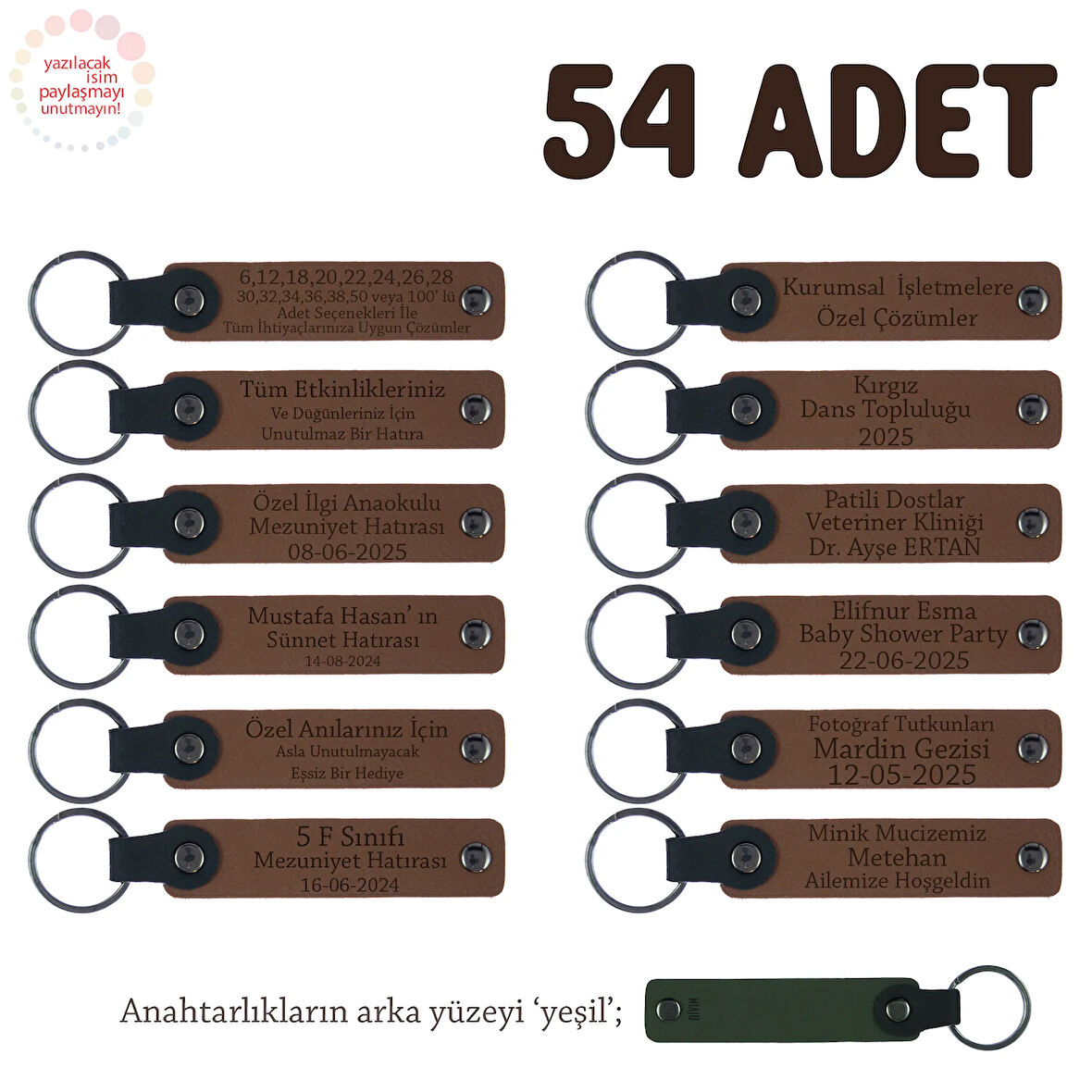 Kahverengi & Yeşil, Anneler Günü İçin İsim Yazılı Anı Anahtarlık 54’lü Set, Özel Etkinlikler İçin