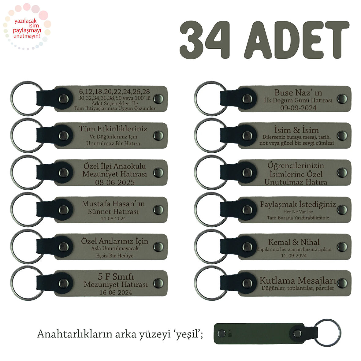 Kül Gri & Yeşil, Hoş Geldin Bebek İçin Mesajlı Anahtarlık 34’lü Set, Tüm Konuklarınıza Özel Hediye