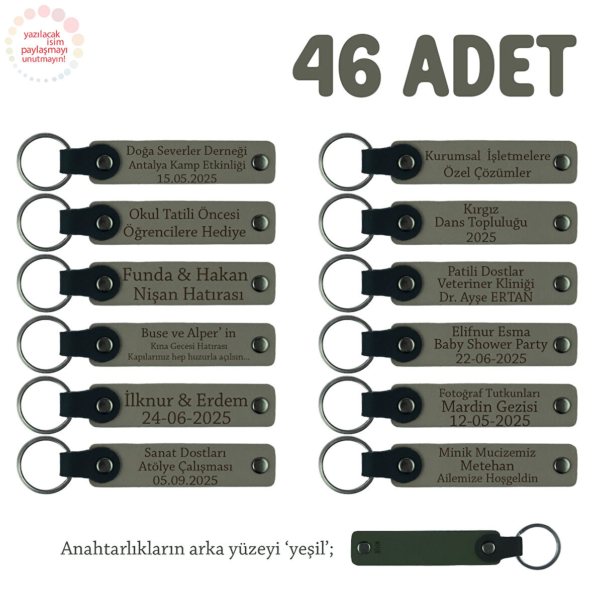 Kül Gri & Yeşil, Anneler Günü Kutlaması İçin Mesajlı Hatıra Anahtarlık 46’lı Set, Özel Gün Hediyesi