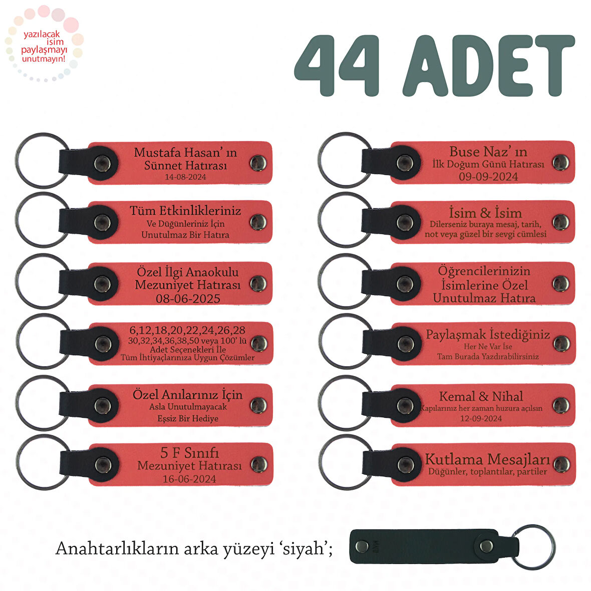 Narçiçeği & Siyah, Doğum Günü Misafirlerine Kişiselleştirilmiş Anahtarlık 44’lü Set, Özel Hediyelik