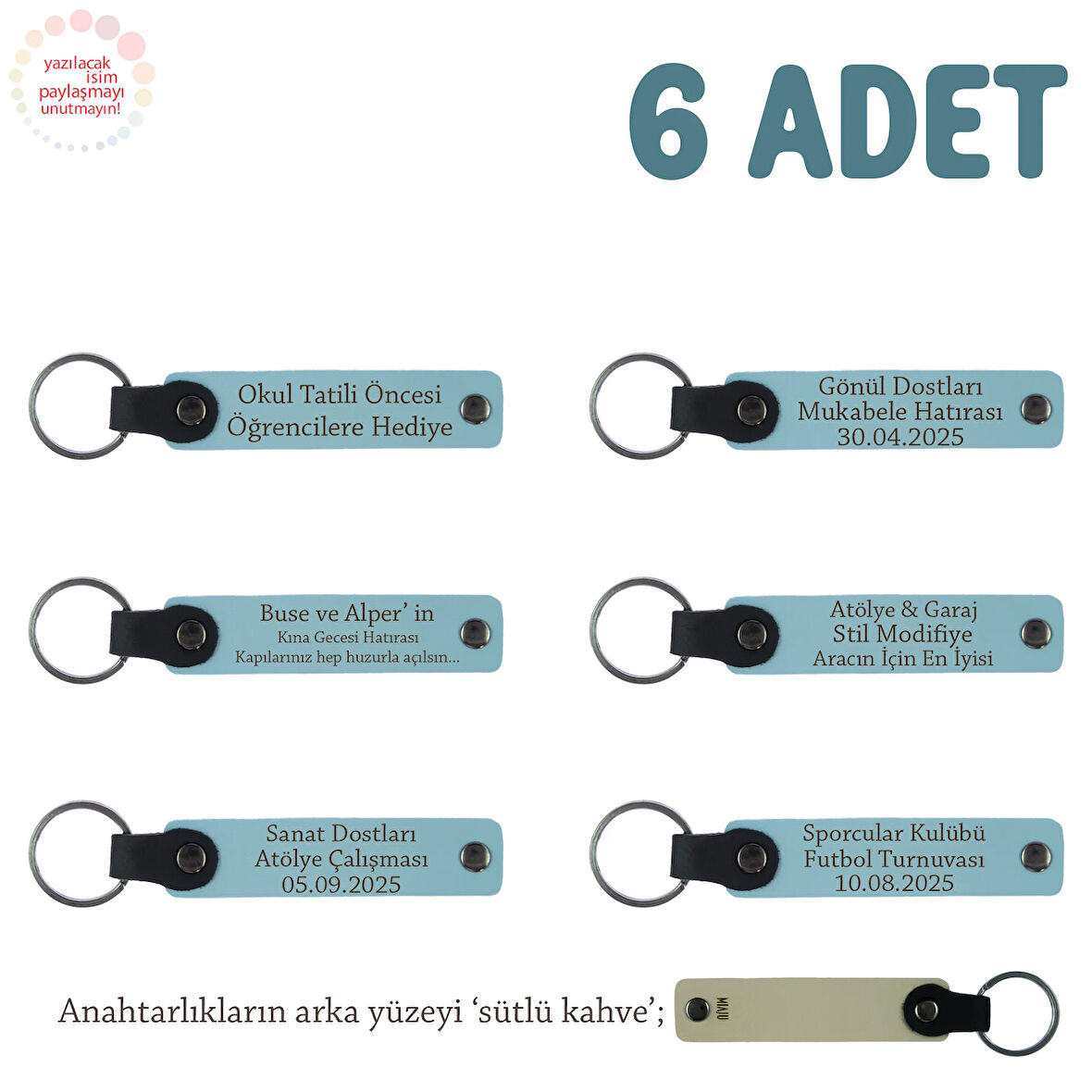 Gök Mavi & Sütlü Kahve, Evlilik Yıldönümü Hediyesi, İsme Özel, 6'lı Hatıra Deri Anahtarlık Set