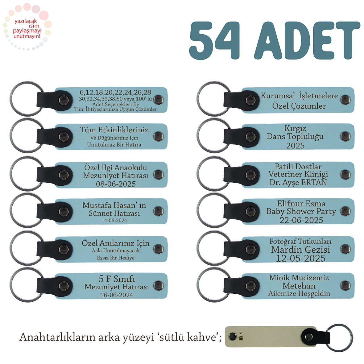 Gök Mavi & SütlüKahve, Hamile Anneye Doğum Hatırası, İsim Ve Özel Mesaj Yazılan 54'lü Anahtarlık Set