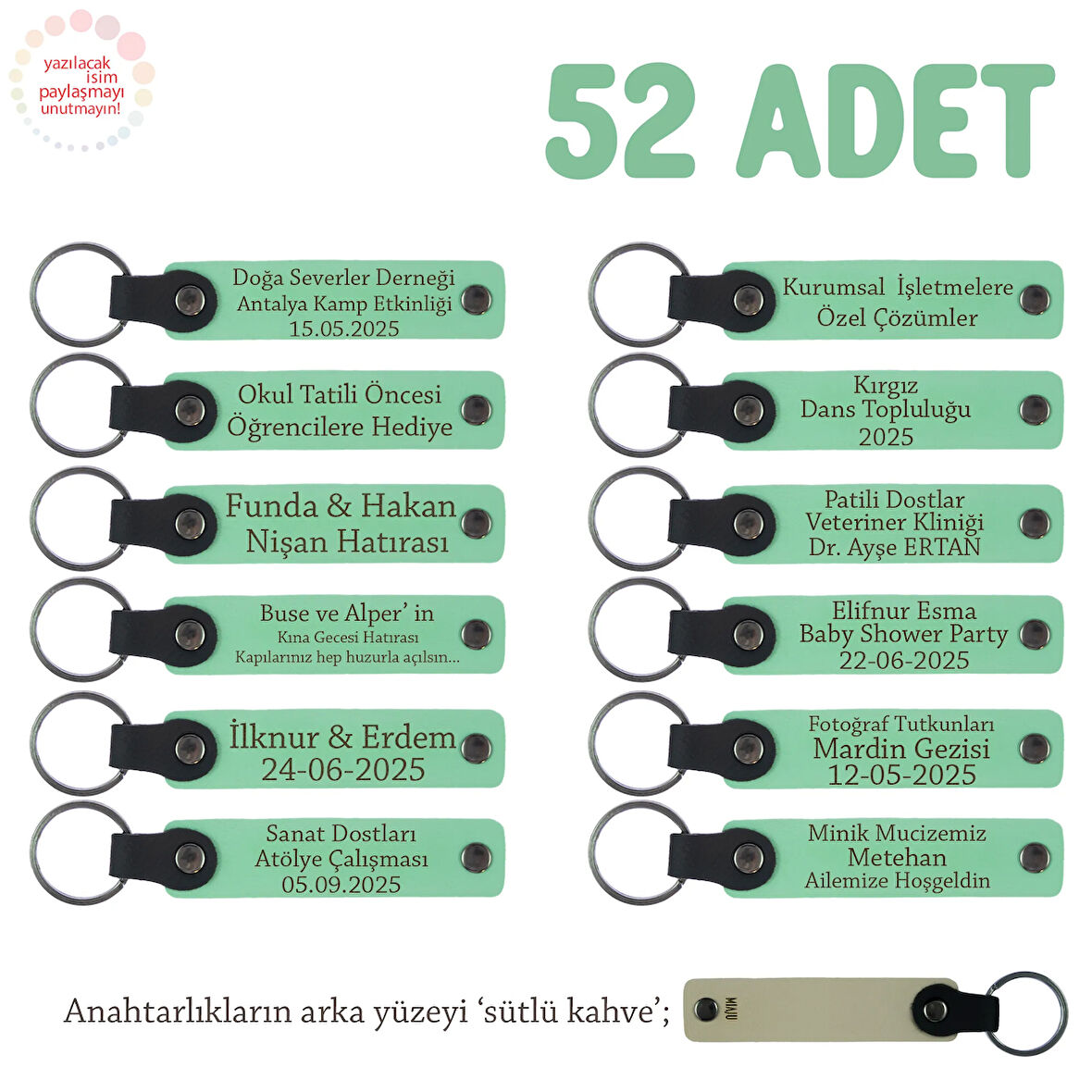 Açık Yeşil & SütlüKahve, Sinema Ve Televizyon Bölümü Öğrencilerine, İsim Yazılı Anahtarlık 52'li Set