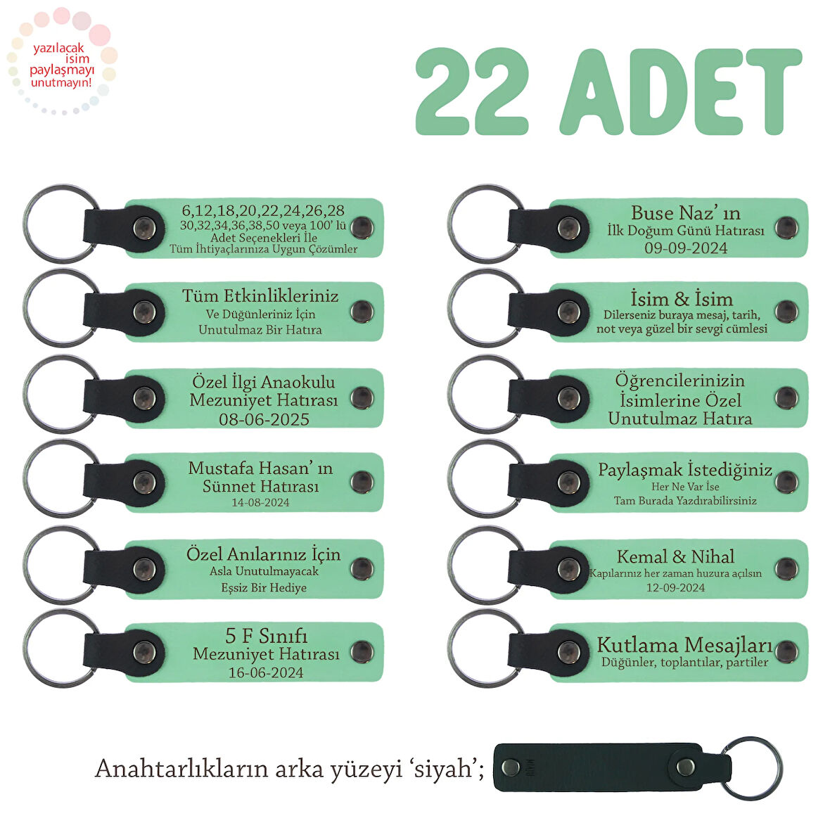 Açık Yeşil & Siyah, Anaokulu Anısı Olarak Üzerinde İsim Yazılı Anahtarlık 22’li Set, Özel Hediye