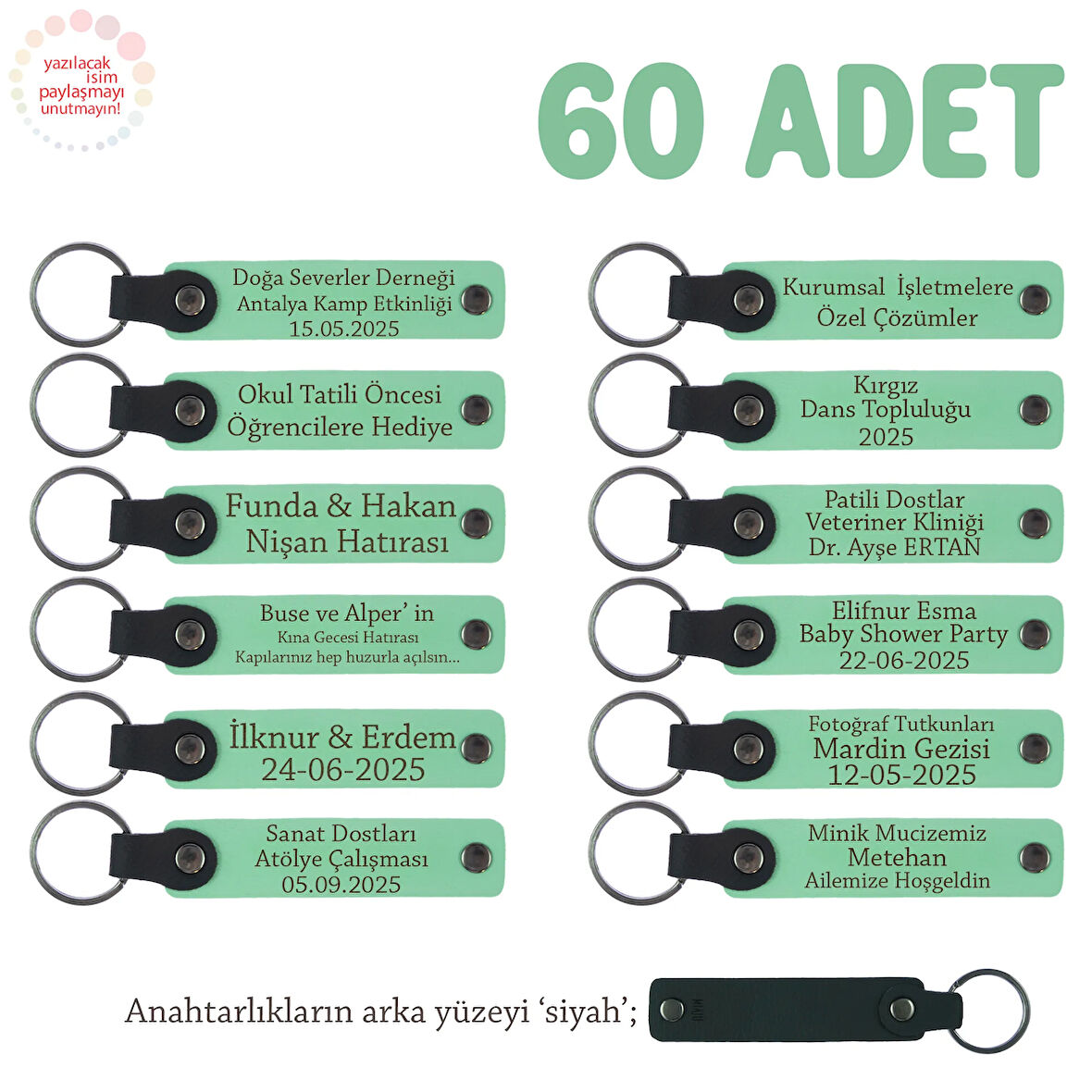 Açık Yeşil, Doğum Günü Misafirlerine Kişiselleştirilmiş Anahtarlık 60’lı Set, Özel Kutlamalara