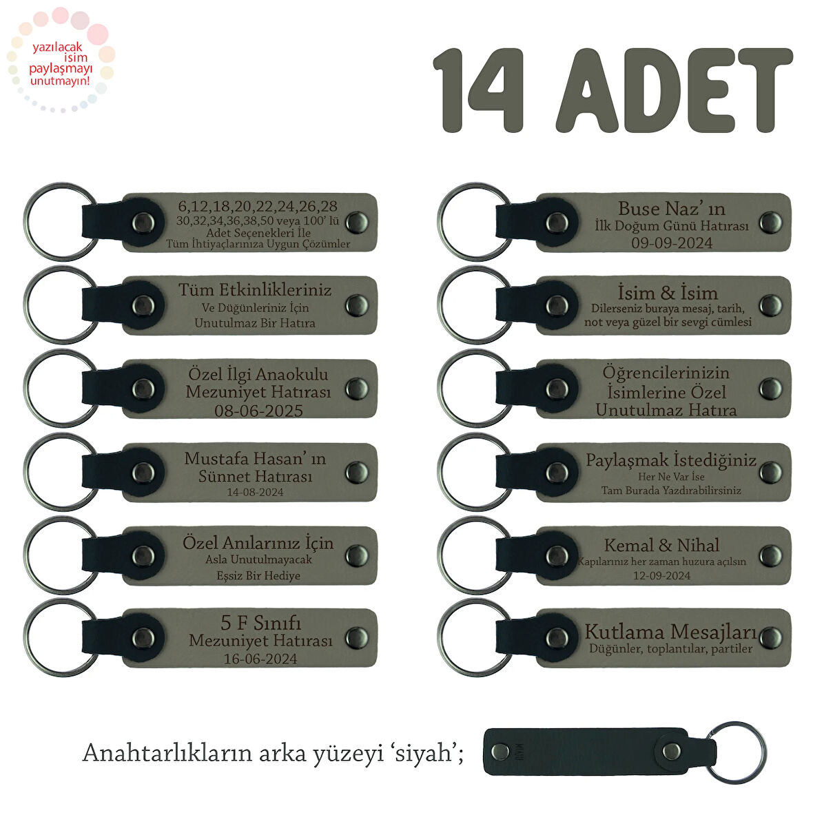 Kül Gri & Siyah, Mevlit Hatırası İçin Üzerinde İsim Yazılabilen Hediyelik Anahtarlık 14’lü Set