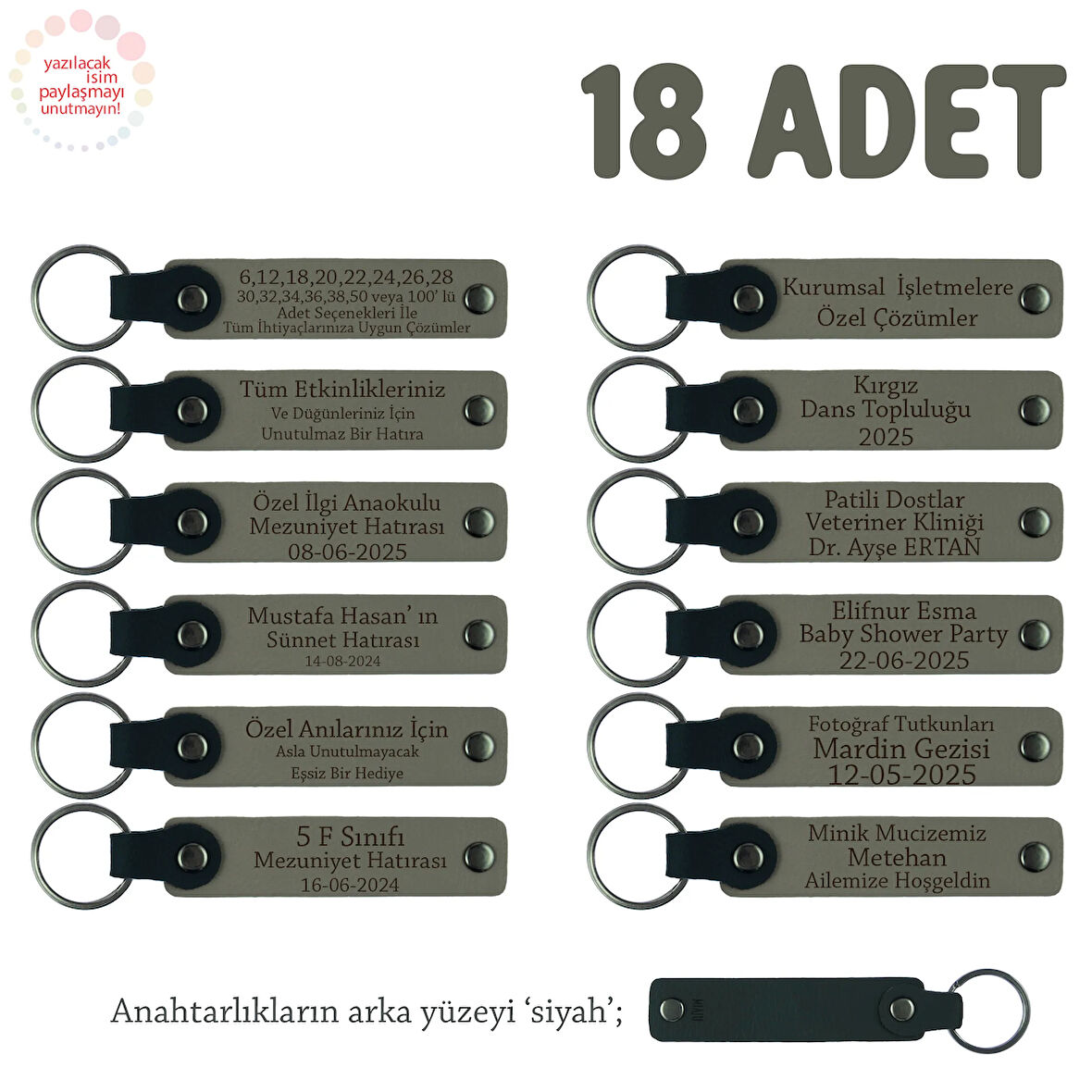 Kül Gri & Siyah, Müstakbel Damada Özel Kutlamalar İçin İsim Yazılan 18' li Hatıra Anahtarlık