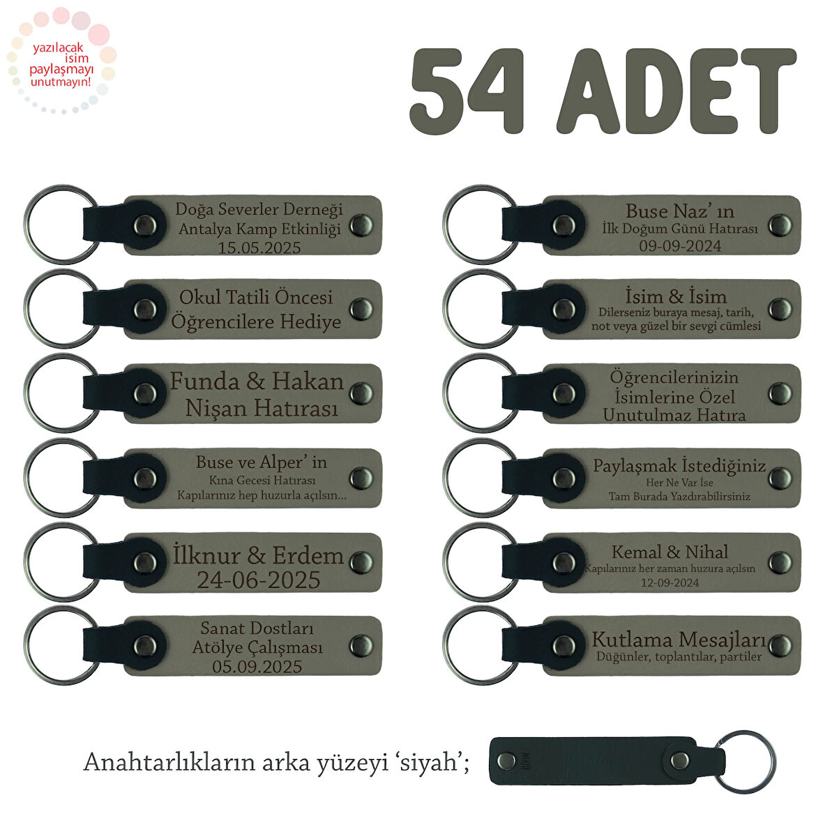 Kül Gri & Siyah, Hamile Anneye Doğum Hatırası, İsim Ve Özel Mesaj Yazılan 54'lü Anahtarlık Set