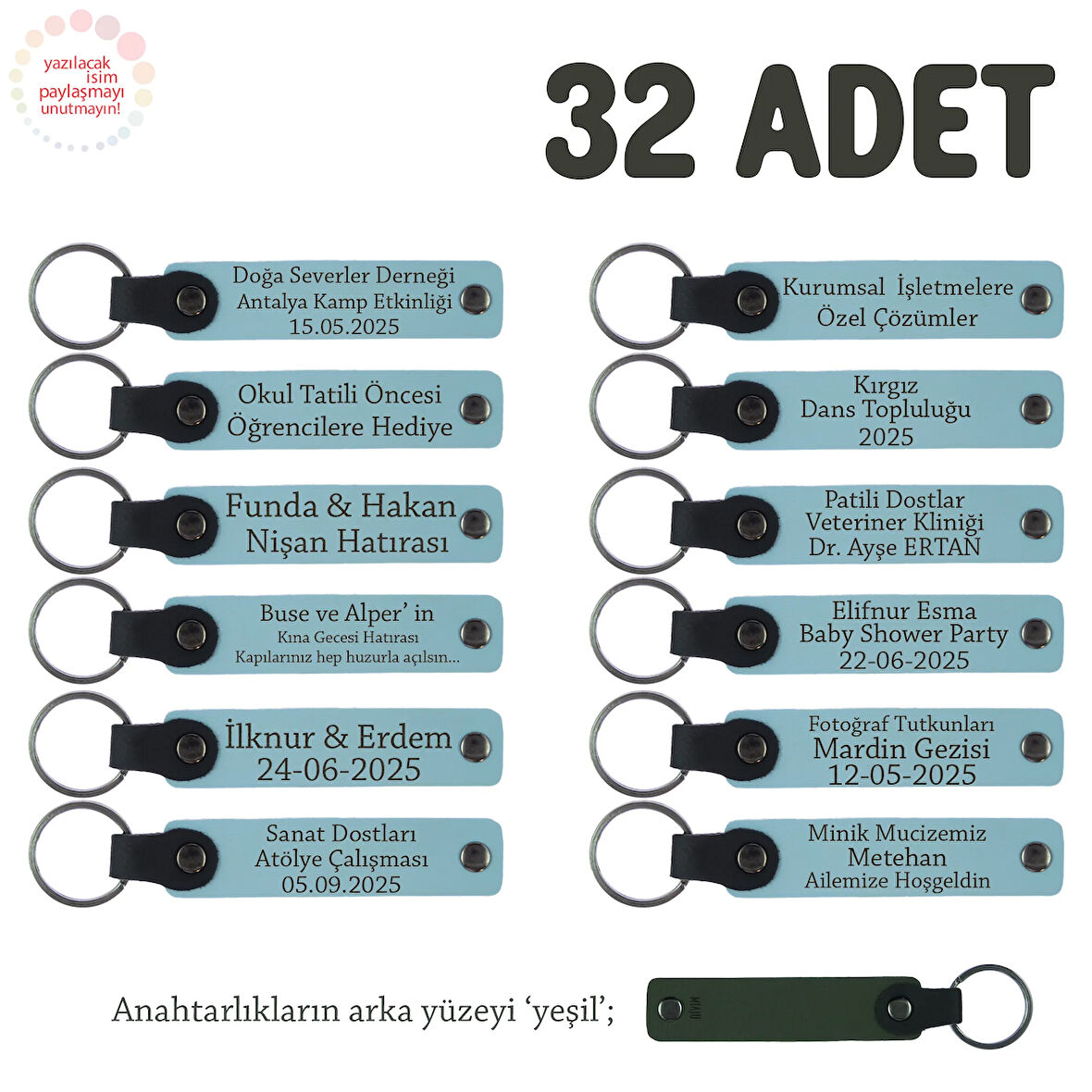 Gök Mavi & Yeşil, Öğretmene Hediye Fikirleri Arayanlara İsim Yazılabilen 32' li Anahtarlık Set
