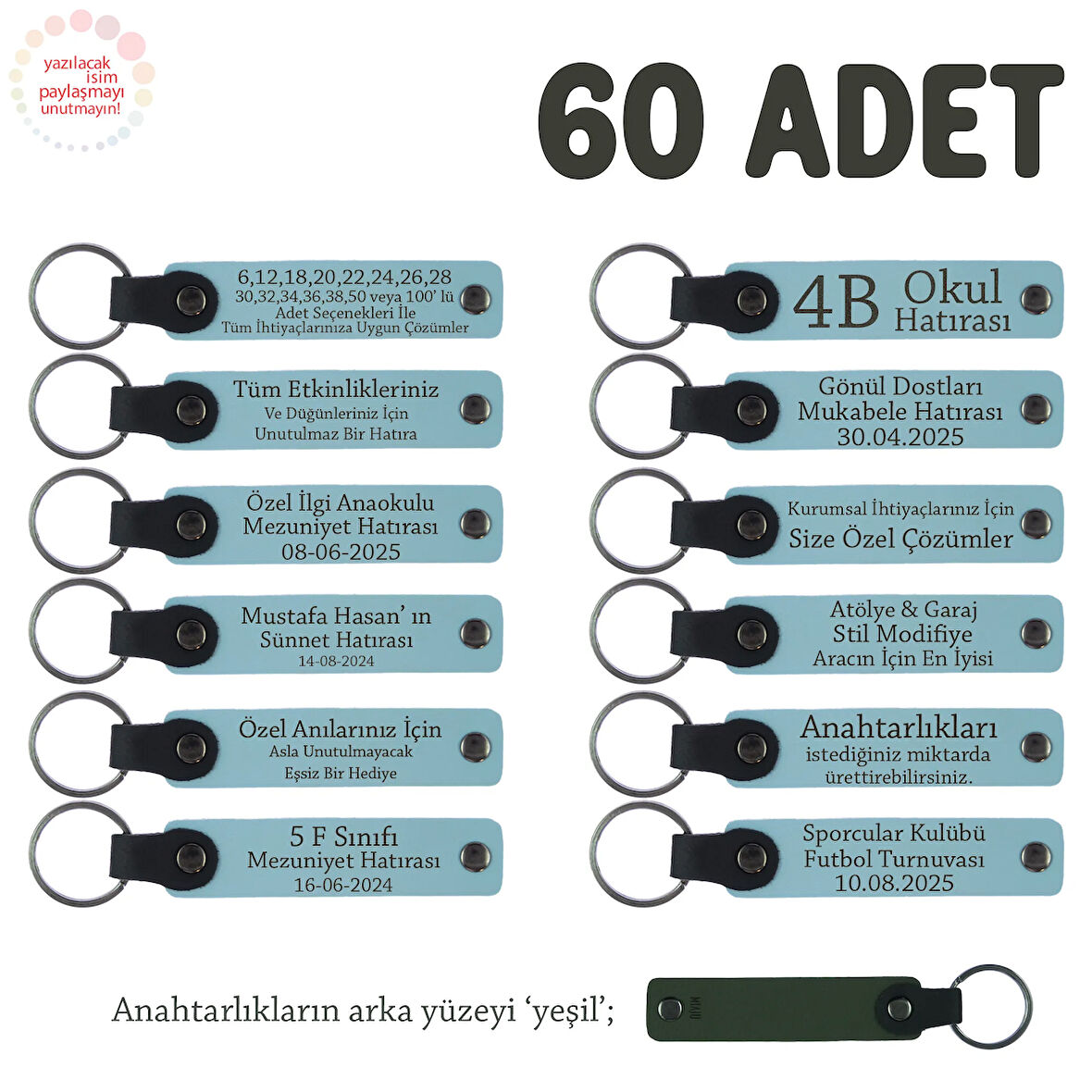 Gök Mavi & Yeşil, İşletmelere Özel Üretim, Alternatif Promosyonel Anahtarlık, 60' lı Set
