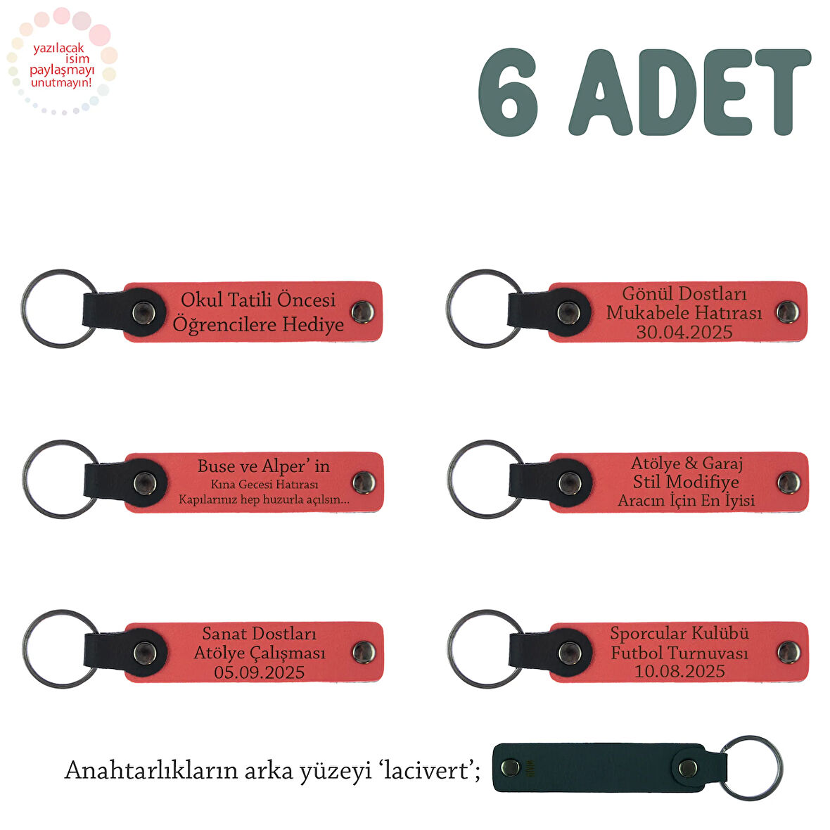 Nar Çiçeği & Lacivert, Yoga Ekibine Özel Üzerinde İsim Yazılı Hatıra Anahtarlık 6’lı Set, Armağan