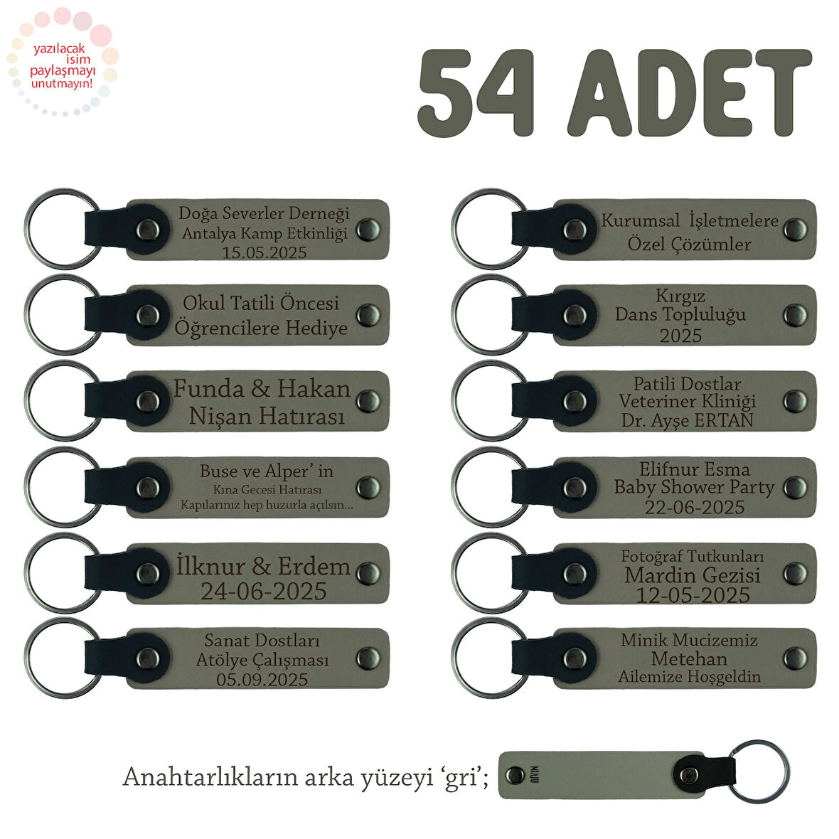 Kül Gri & Gri, Hamile Anneye Doğum Hatırası, İsim Ve Özel Mesaj Yazılan 54'lü Anahtarlık Set