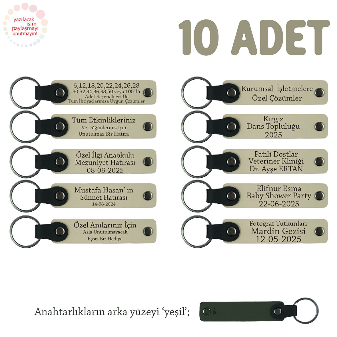 Sütlü Kahve & Yeşil, Turnuvalar İçin Üzerine İsim Ve Özel Mesaj Yazılabilen, 10'lu Anahtarlık Set
