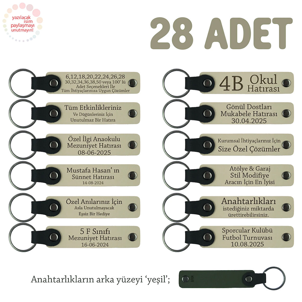 Sütlü Kahve & Yeşil, Özel Mevlitleriniz İçin İsim Ve Yazı Yazılabilen 28' li Anahtarlık Set