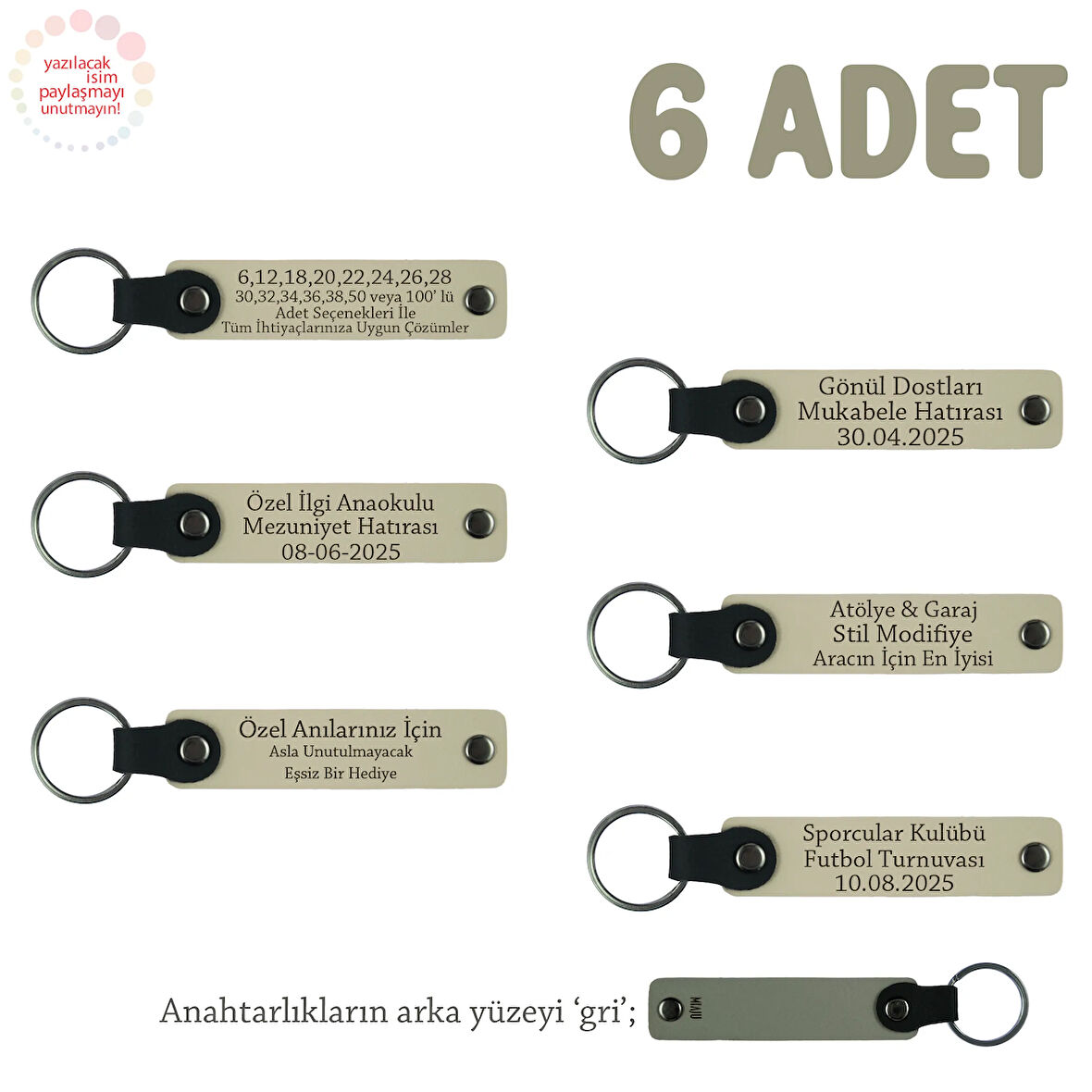 Sütlü Kahve & Gri, Evlilik Yıldönümü Hediyesi, İsme Özel, 6'lı Hatıra Deri Anahtarlık Set