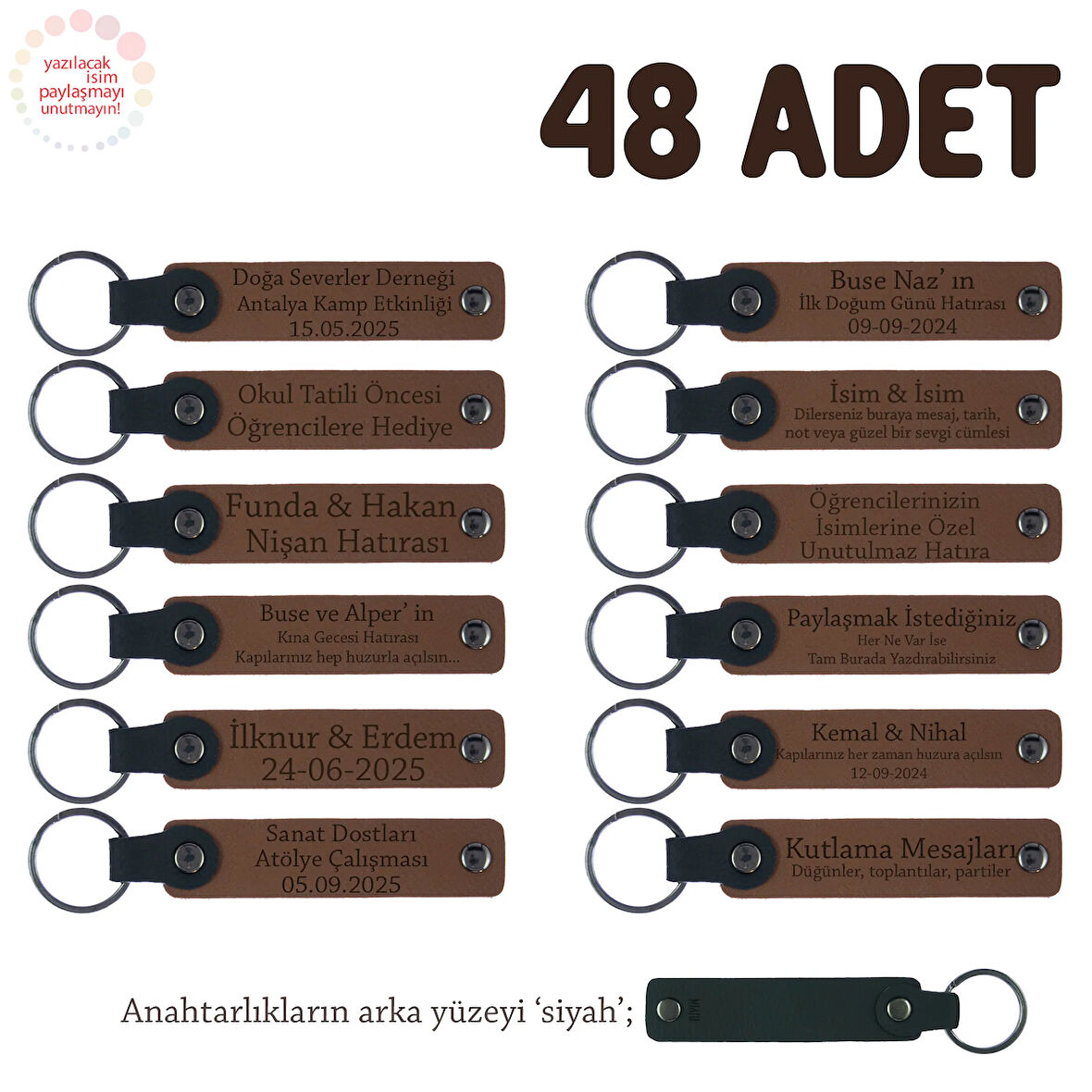 Açık Kahve & Siyah, Babyshower Partilerine Özel Hediyelik Anahtarlık 48'li Set, Bebek İsmi Yazılı