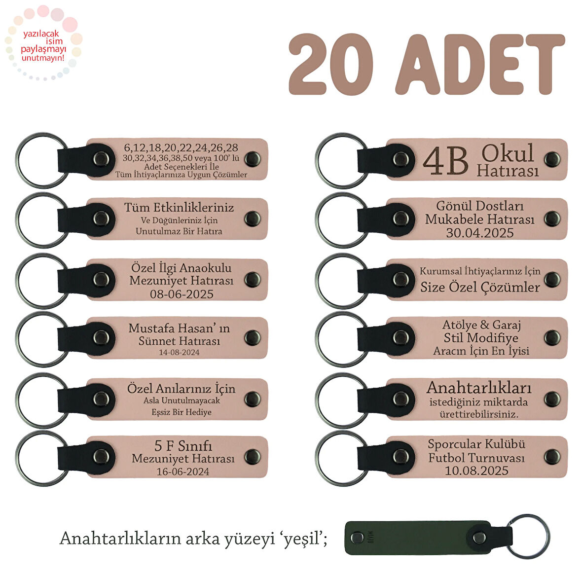 Yavru Ağzı & Yeşil, Sınıf Öğretmeninden Mesajlı Karne Hatırası Anahtarlık 20’li Set, Okul Hatırası