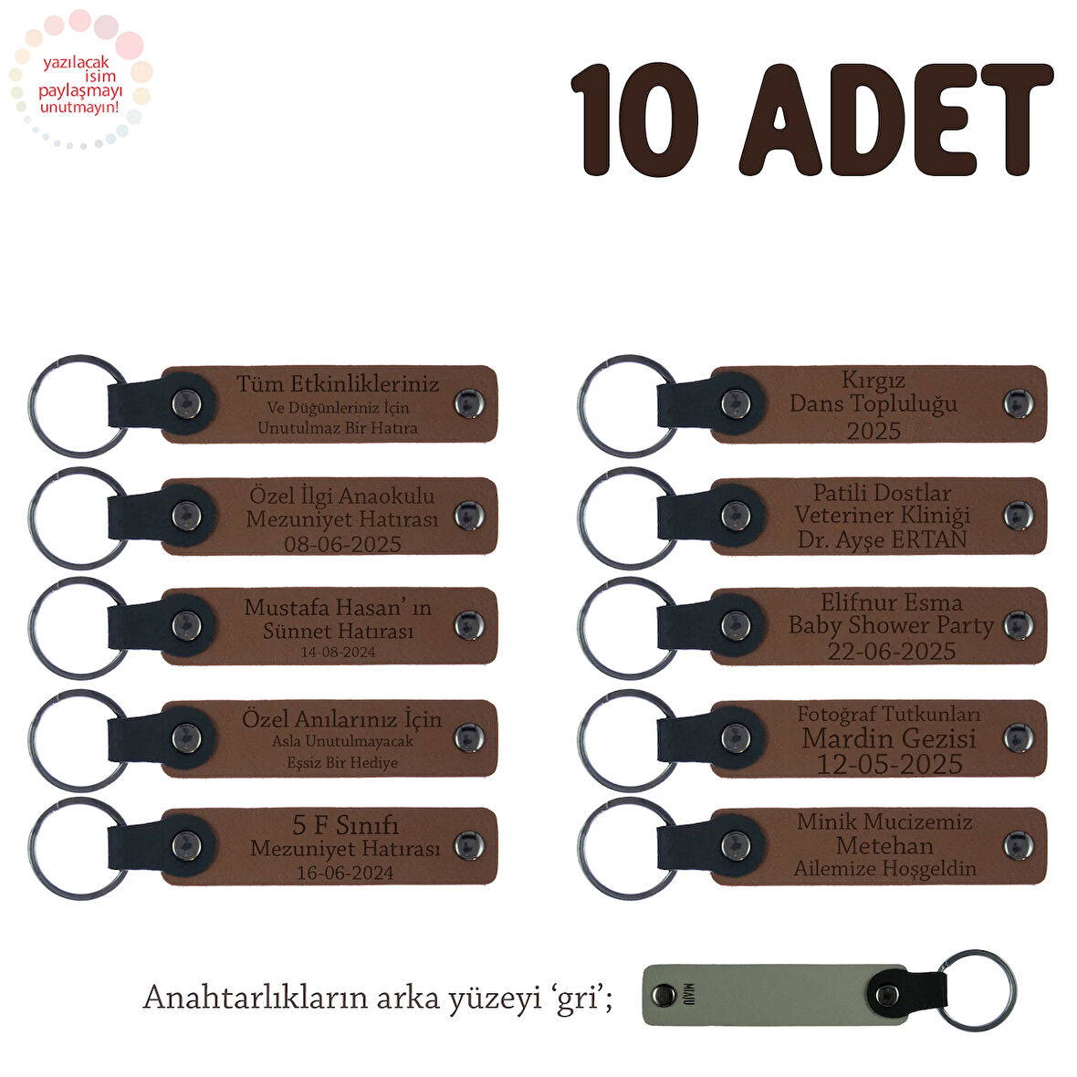 Açık Kahverengi & Gri, Anneler Günü İçin İsim Yazılı Hatıra Anahtarlık 10’lu Set