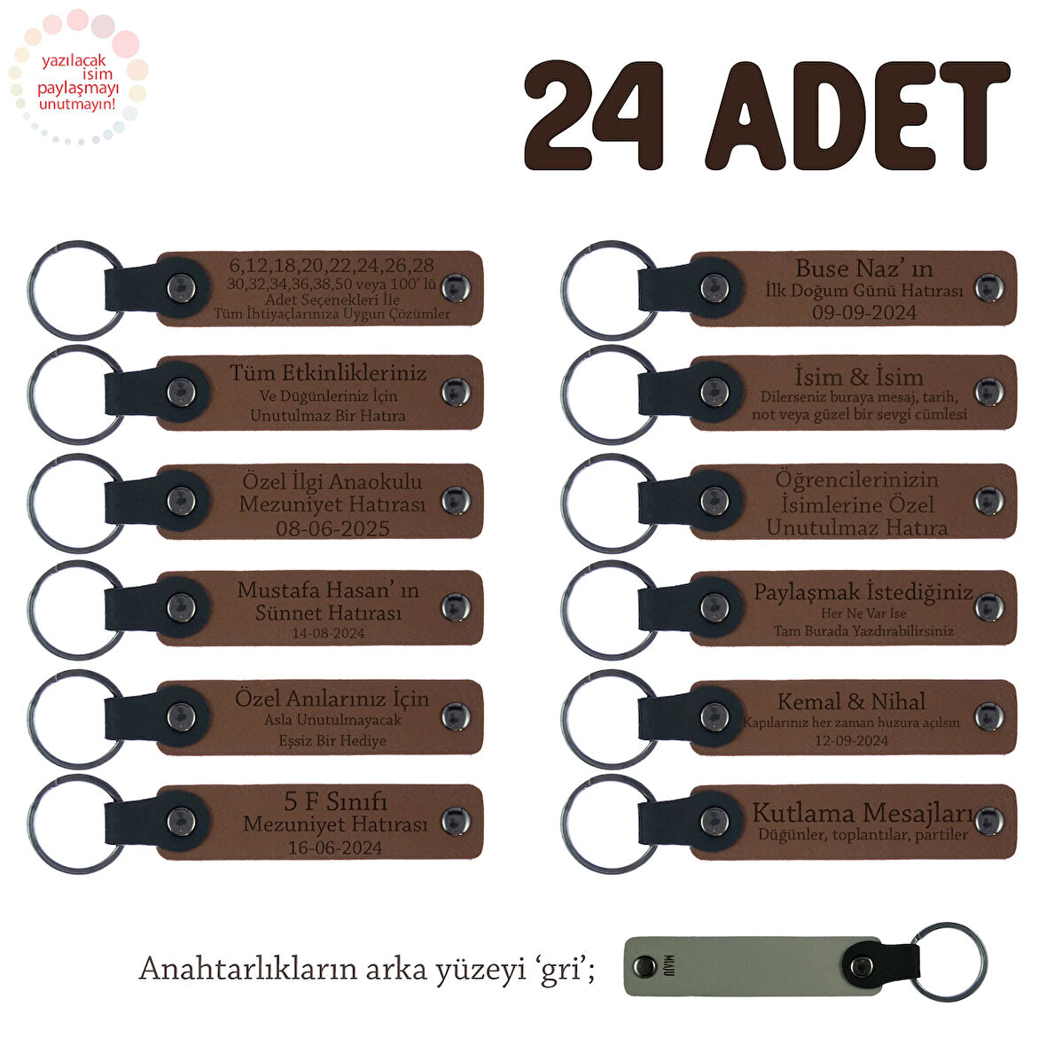 Açık Kahverengi & Gri, Doğa Yürüyüş Grubu İçin İsim Yazlıabilen Hatıra Anı Anahtarlık 24’lü Set