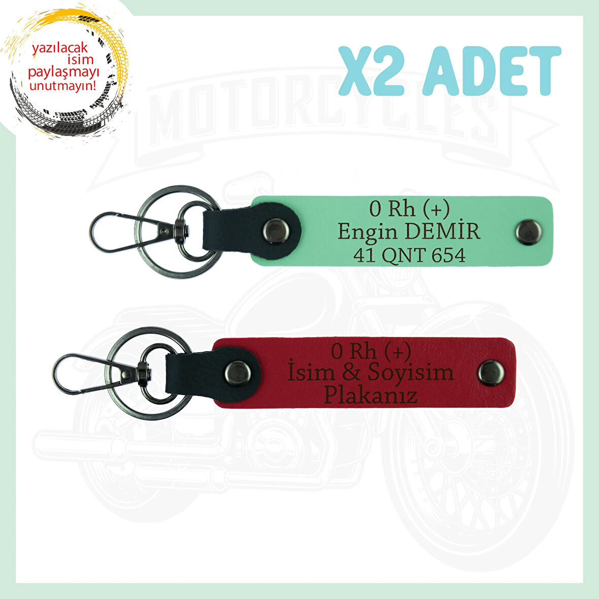 Kırmızı-Yeşil, Motorculara Özel, İsim Plaka ve 0 Rh (+) Kan Grubu Yazılı 2'li Anahtarlık Set