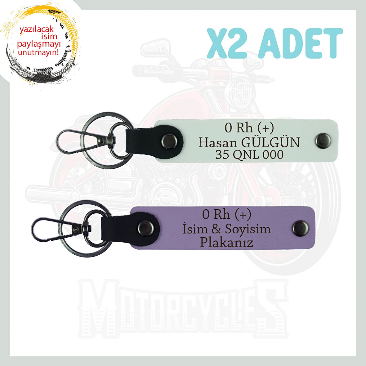 Mor Menekşe-Bordo, Motorcuya Özel, İsim Plaka ve 0 Rh (+) Kan Grubu Yazılı Özel Üretim x2 Anahtarlık