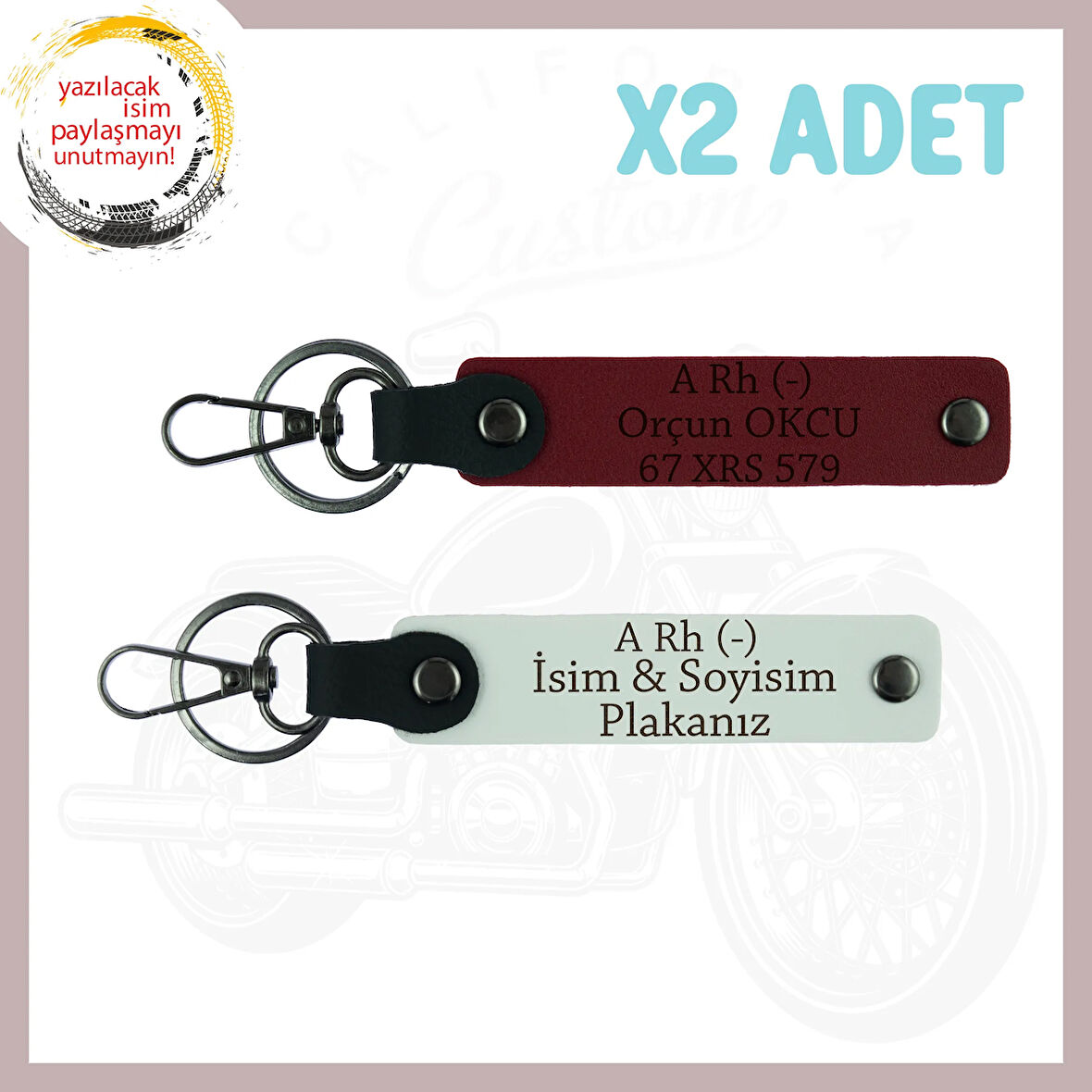 Beyaz-Bordo, Bikerlar İçin, İsim Plaka ve A Rh (-) Kan Grubu Yazılı Deri 2'li Anahtarlık, Hediyelik