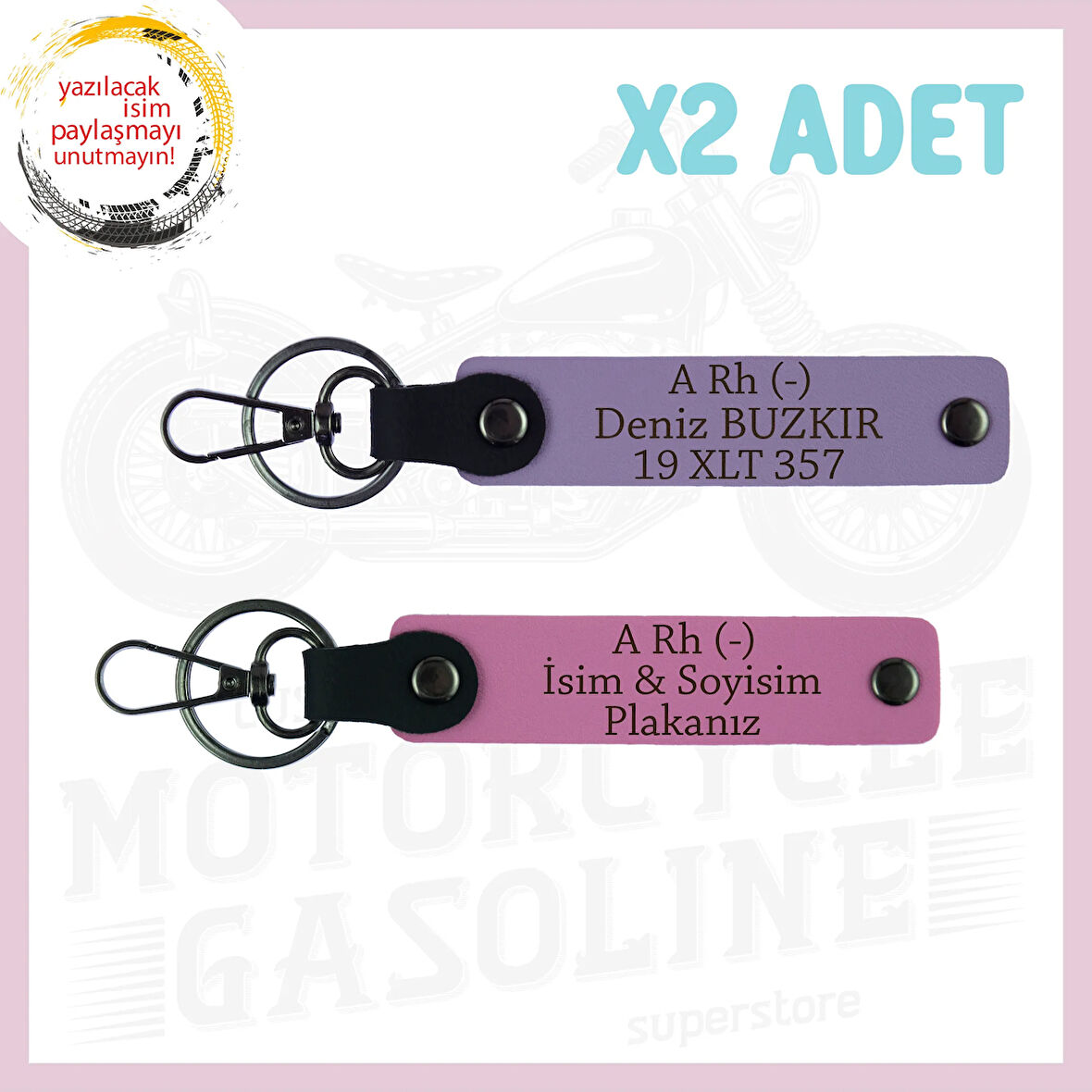 Mor Menekşe-Pembe, Motor Severlere Özel, İsim Plaka ve A Rh (-) Yazılı Özel Tasarım 2'li Anahtarlık