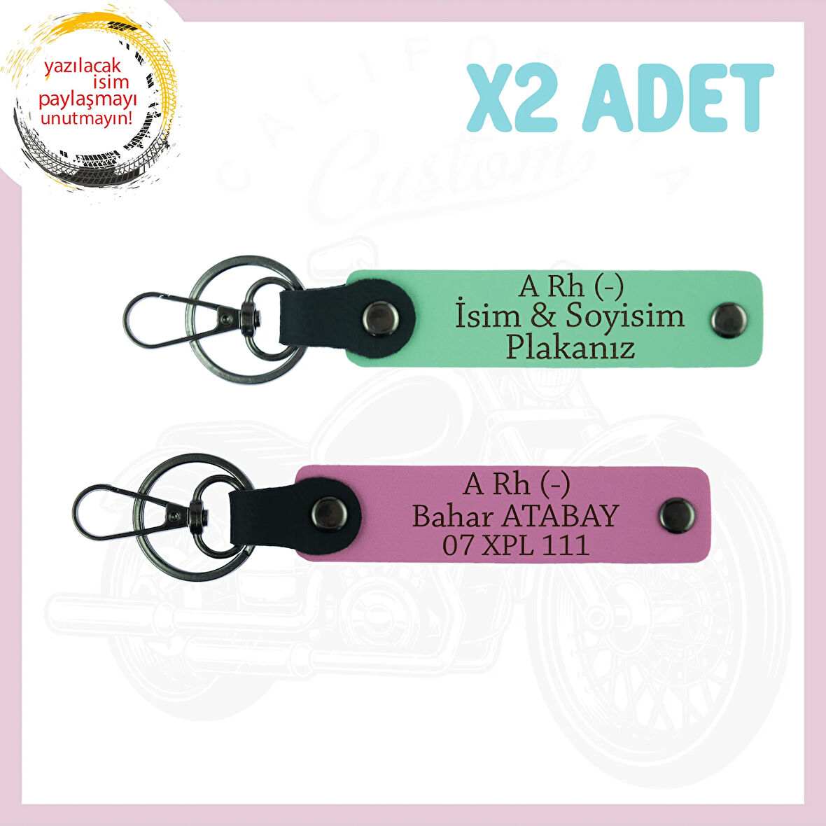 Yeşil-Pembe, Hız Sevene Özel, İsim Plaka ve A Rh (-) Kan Grubu Yazılı 2'li Anahtarlık Set, Hediyelik
