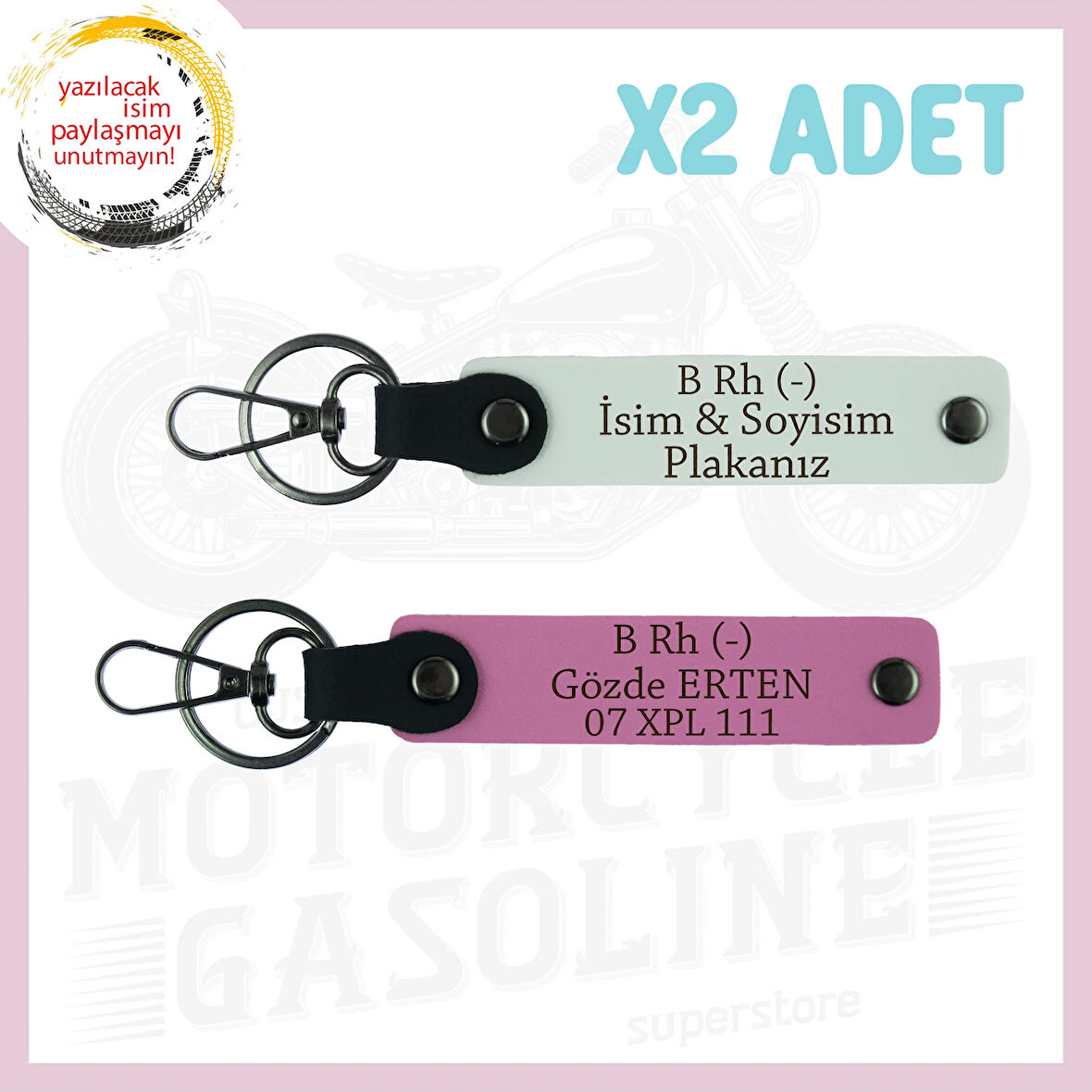 Beyaz-Pembe, Yol Tutkunları, İsim Plaka ve B Rh (-) Kan Grubu Yazılı Kişiye Özel 2'li Anahtarlık Set