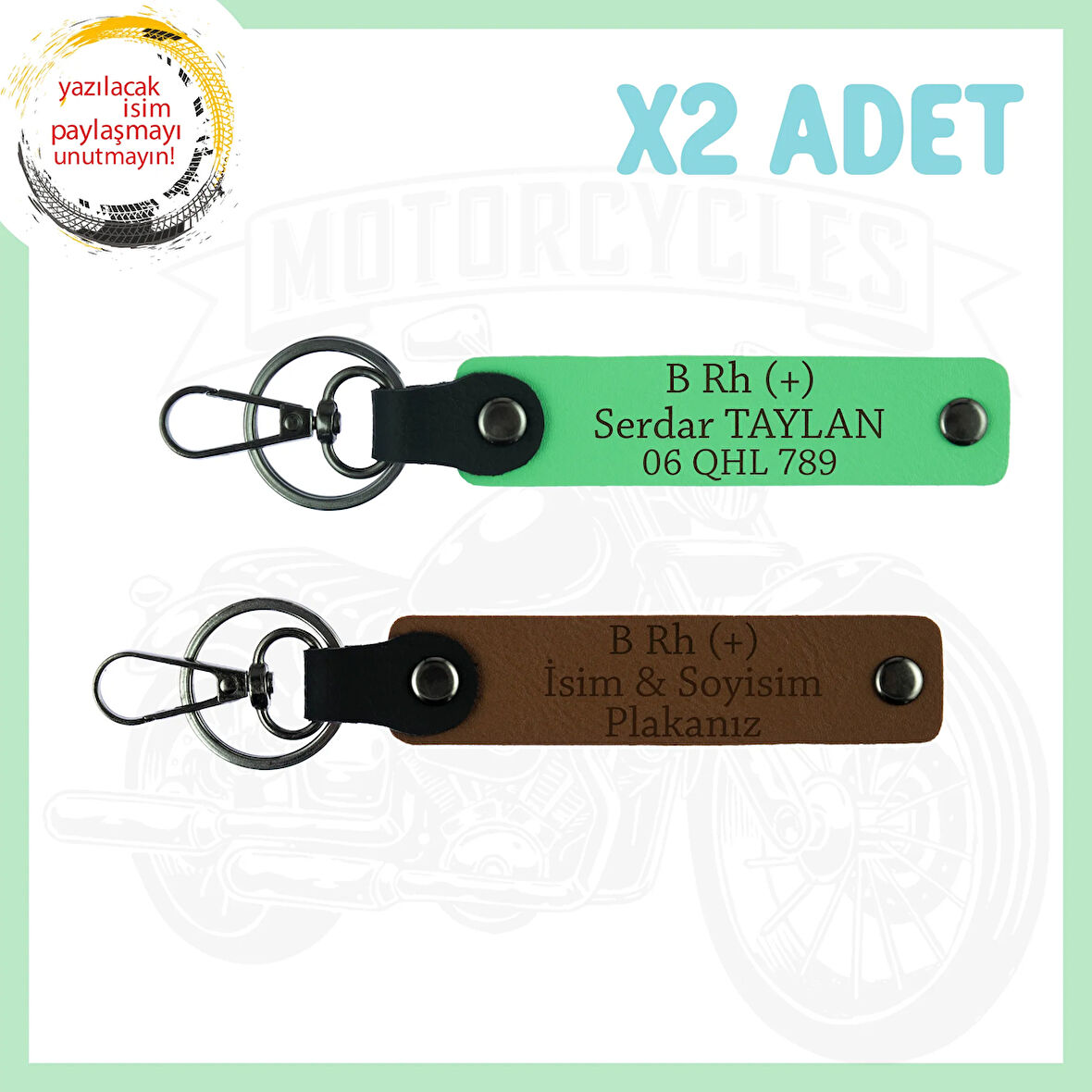 A Kahve-Fıstık Yeşil, Biker, İsim Plaka ve B (+) Kan Grubu Yazılı Özel Tasarım 2'li Anahtarlık Set