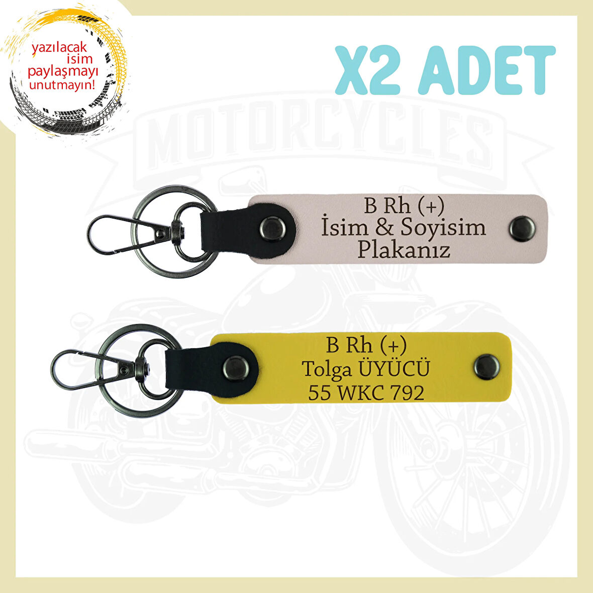 Pudra-Sarı, Biker Dostlarına, İsim Plaka ve B Rh (+) Kan Grubu Yazılı Hediyelik Deri 2'li Anahtarlık