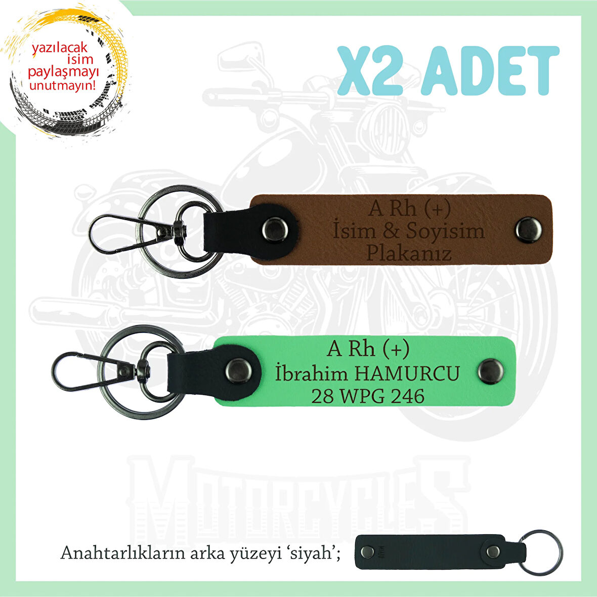 Motor Kulüplerine, İsim Plaka ve A Rh (+) Kan Grubu Yazılı x2' li Anahtarlık Set, Kahve-F Yeşil-Syh