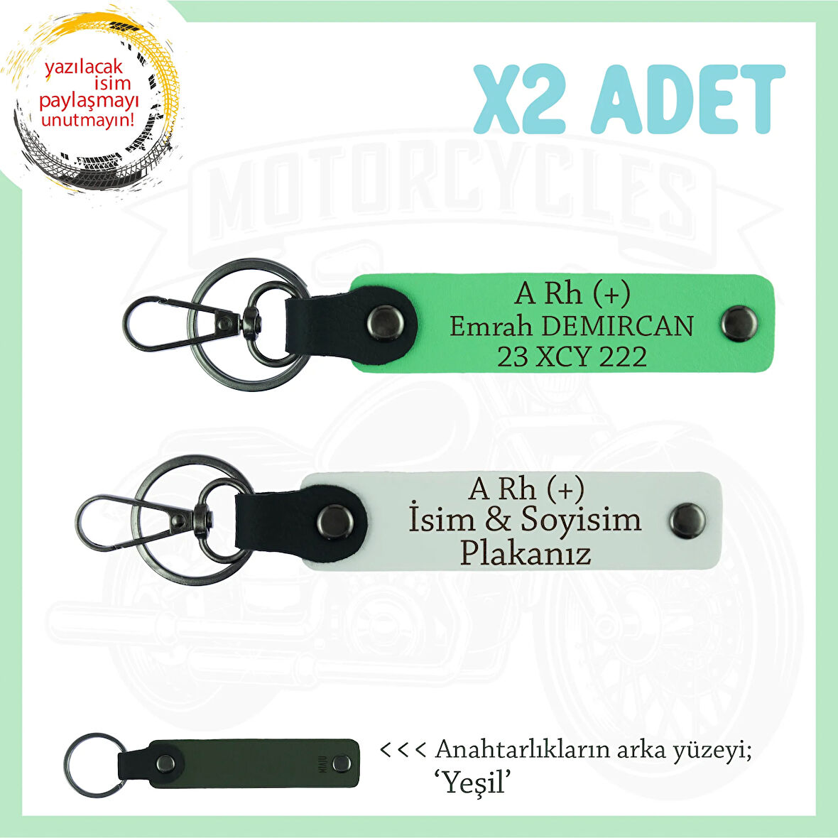Motorcu Arkadaşlara, İsim Plaka ve A RH+ Kan Grubu Yazılı Acil Durum Anahtarlığı, Beyaz-F Yeşil-Ysl