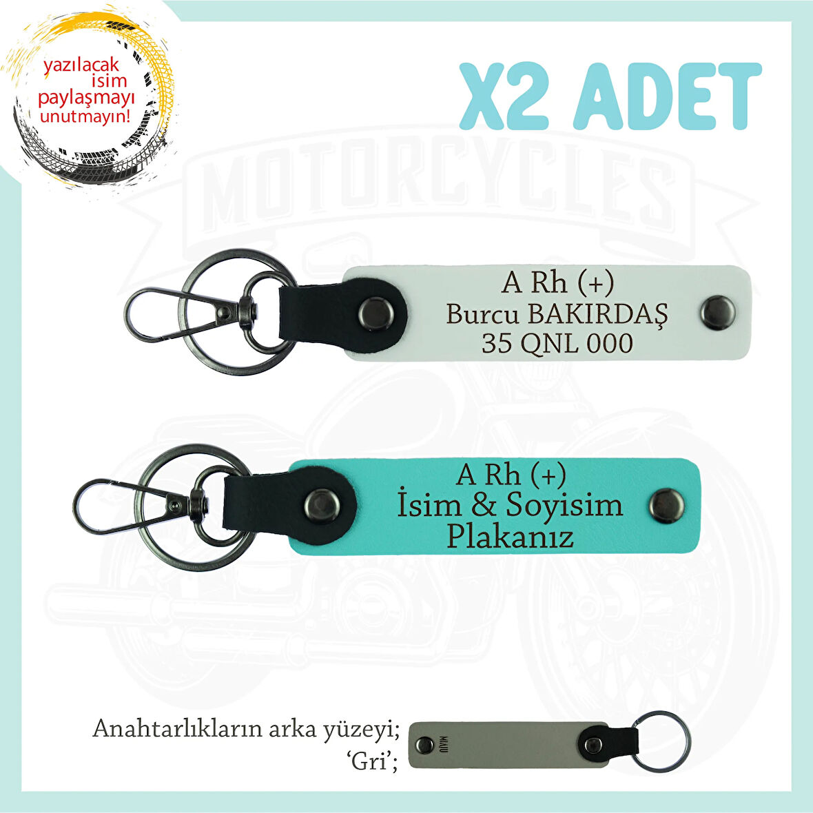 Motor Severlere, İsim Plaka ve A Rh (+) Kan Grubu Yazılı x2 Anahtarlık, Hediyelik, Beyaz-Turkuaz-Gr