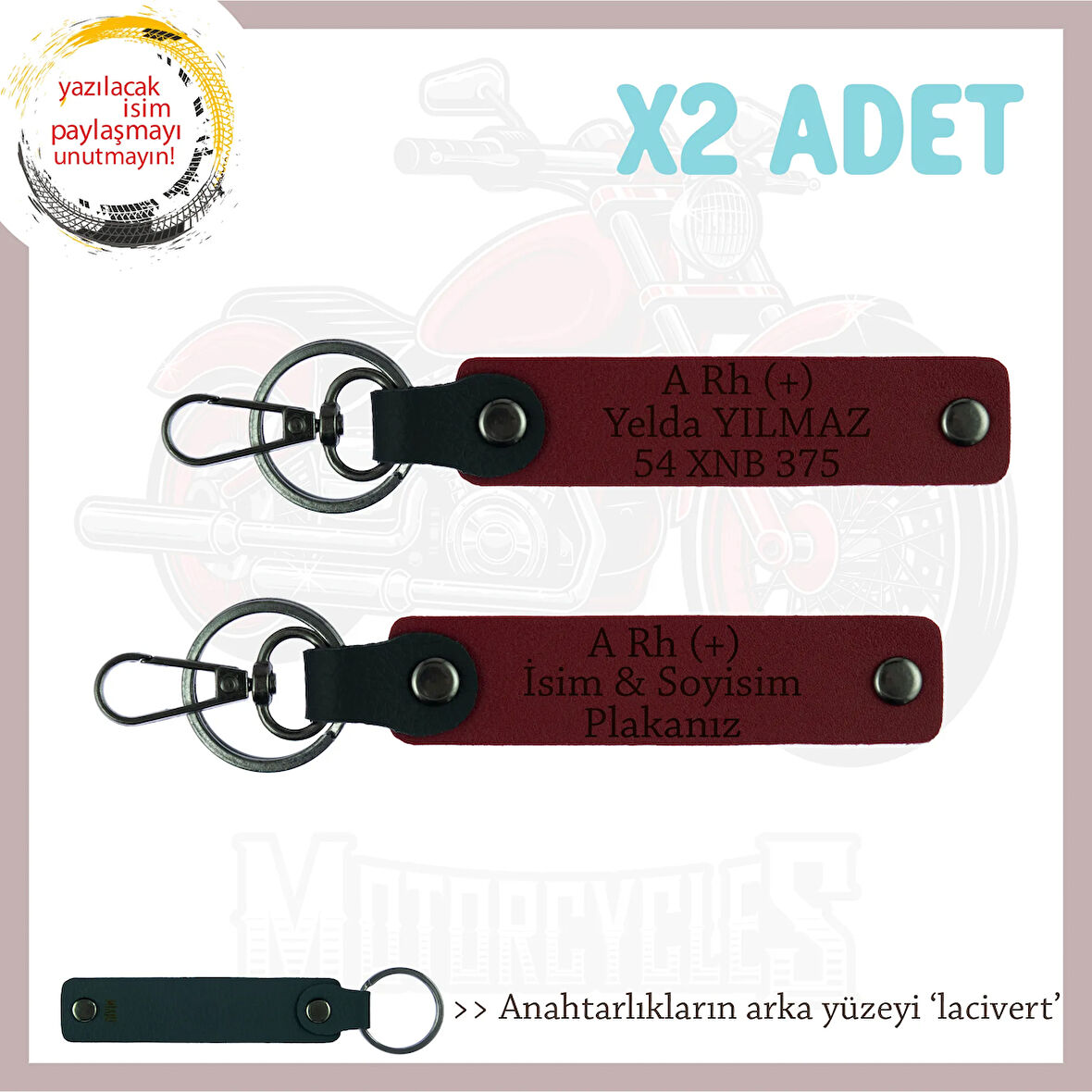 Hız Aşıklarına İsim Plaka ve A Rh (+) Kan Grubu Yazılı Özel Hediye x2' li Set Anahtarlık, Bordo-Laci