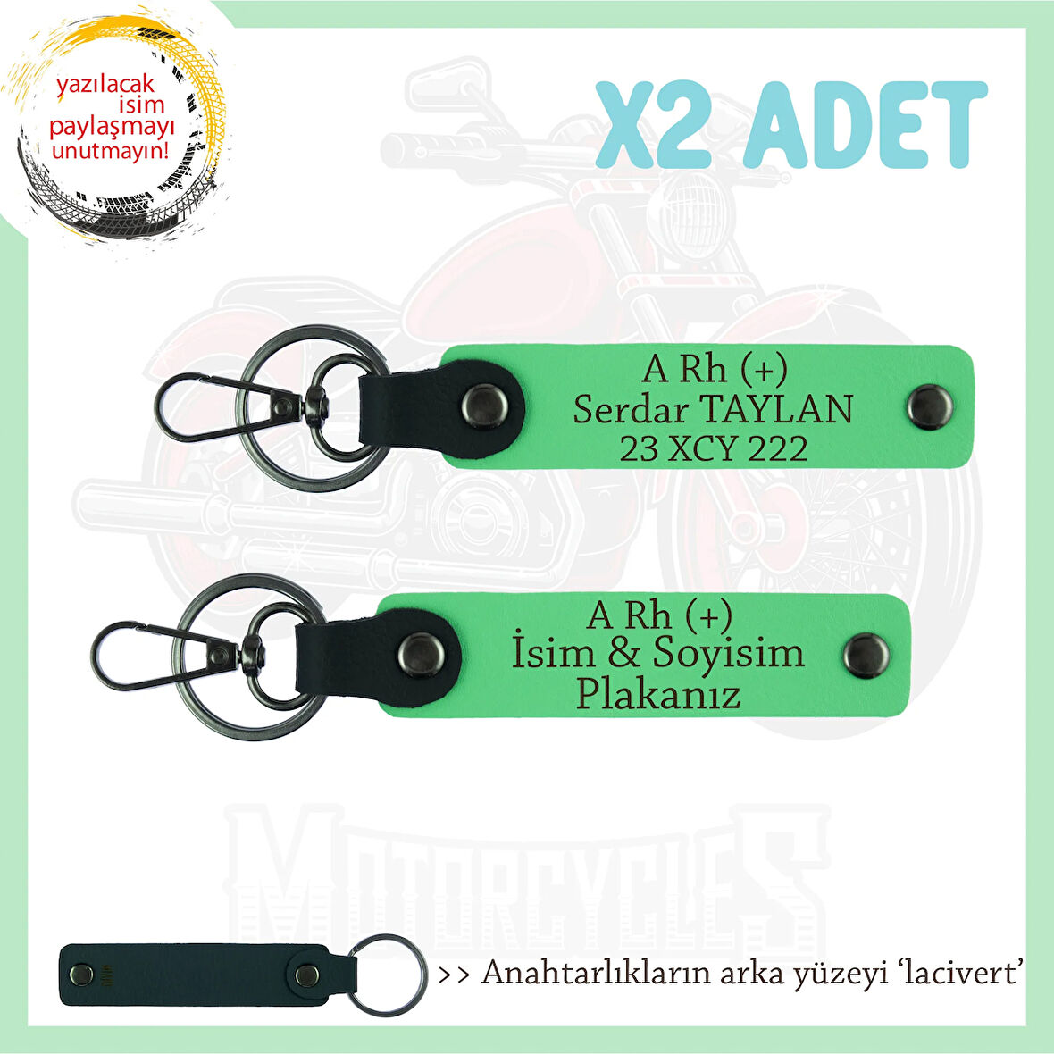 Motosiklet Tutkunlarına, İsim Plaka ve A (+) Kan Grubu Yazılı Acil Durum x2 Anahtarlık, F Yeşil-Laci