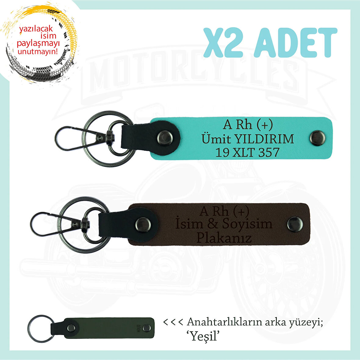 Motorcuya Özel Tasarım, İsim Plaka ve A Rh (+) Kan Grubu Yazılı x2 Anahtarlık, K Kahve-Turkuaz-Ysl